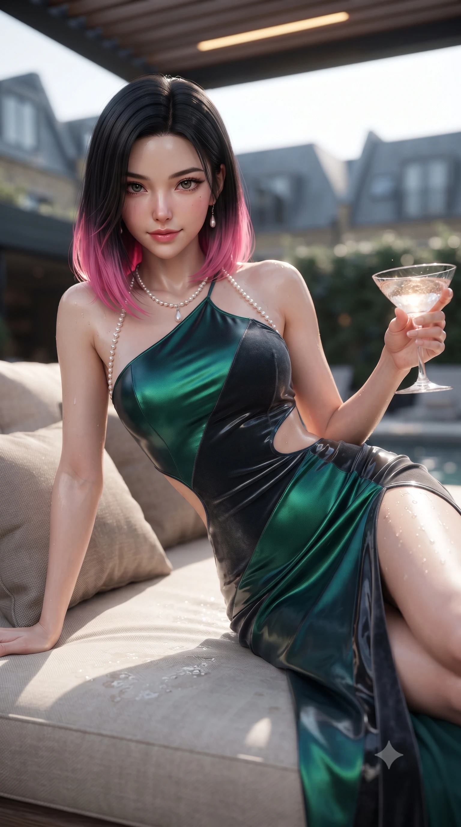 score_9, masterpiece, best quality, ultra-detailed, high-budget anime keyframe, editorial fashion photography, tasteful artistic composition, Korean woman. close-up cowboy shot from the waist and thighs up, the character dominates the composition, filling the frame with her large presence. leaning forward while arching her lower back to accentuate her curvy hips, looking into the camera with an intoxicating smoldering gaze and bedroom-eyes while lounging in the outdoor cashmere daybed under the heated pergola propped on one elbow, holding a cocktail with effortless cool. The background shows a soft-focus zinc townhouse rooflines softened in exclusive private mews shallow focus. She has an exceptionally elegant, slender, and willowy female figure with an ultra-slim waist, flat toned midriff, narrow ribcage, and sculpted feminine hips creating an alluring, slim hourglass silhouette without bulk. sharp v-shaped jawline, high-bridge nose, sparkling eyes with hypnotic seductive depth, thick curled eyelashes, glossy parted lips with a natural dewy peach sheen, alluring bedroom-eyes with an enchanting coquettish smile, exuding magnetic siren charisma and sophisticated glamour, flawlessly proportioned anatomical accuracy, strict slender model proportions, natural body alignment, perfectly sculpted long slender limbs, ultra-slim waistline, clean dynamic posture without body distortion. wearing an asymmetric one-shoulder liquid jersey gown with dramatic hip-high slit and sculptural waist cutout in iridescent emerald satin and dark charcoal velvet, crafted from wet-look high-gloss vinyl fabric with dazzling specular surface reflections, accented with a pearl-drop body harness subtly framing her dewy collarbones and spine, the form-contouring silhouette accentuating her sculpted flat midriff, narrow delicate ribcage, and gracefully curvy hips with intoxicating allure. illuminated by tub water caustics and sharp warm-gold rim lights defining her delicate clavicles, ultra-slim waist, and curvy hips. ultra-reflective glossy finish, specular highlights, rich textural contrasts, high-contrast stereoscopic depth, volumetric dynamic lighting, 2k, ultra detail, master piece, 9:16 ratio