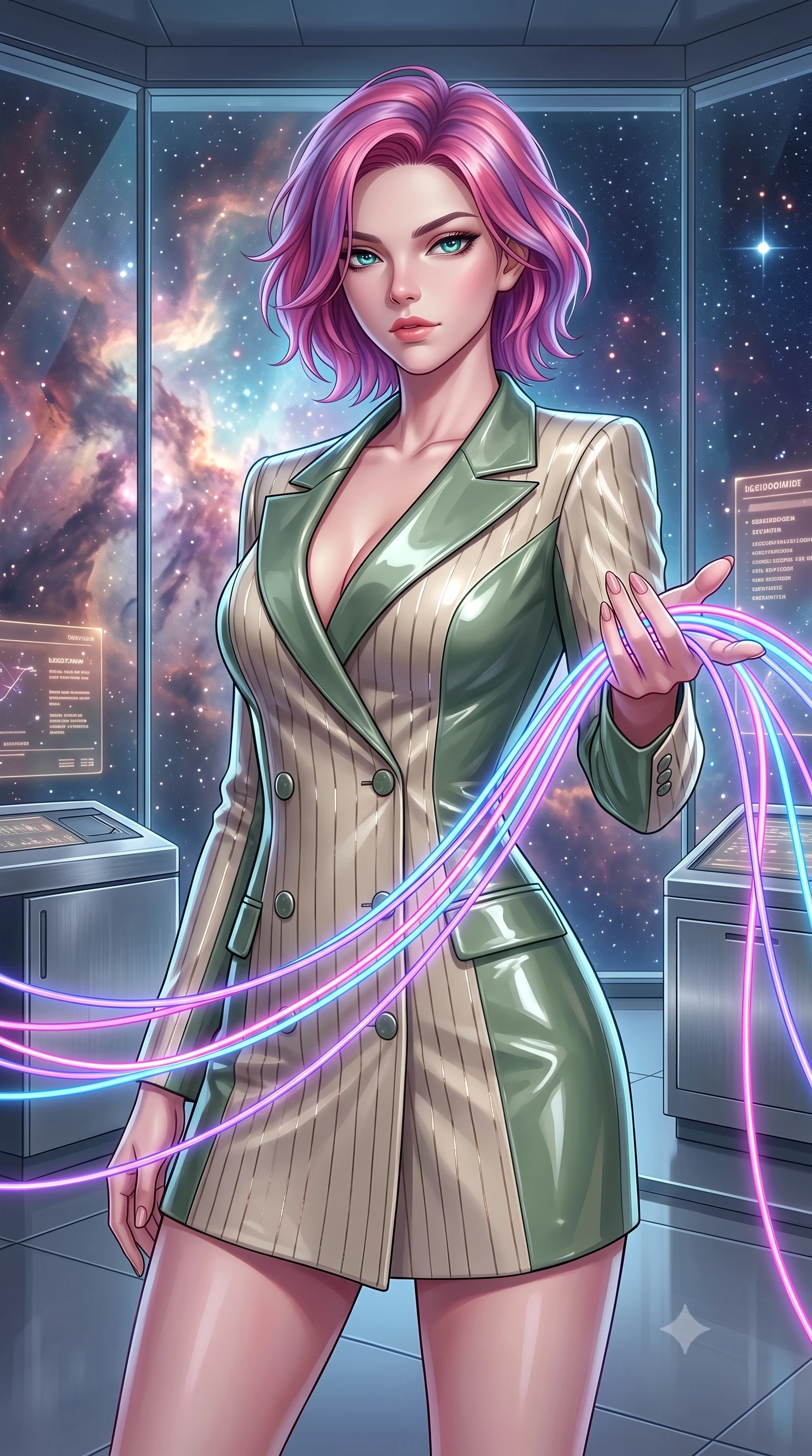 score_9, masterpiece, best quality, ultra-detailed, high-budget anime keyframe, editorial fashion photography, tasteful artistic composition, Caucasian woman. close-up cowboy shot from the waist and thighs up, the character dominates the composition, filling the frame with her large presence, background elements kept in soft focus. Reaching one hand gracefully toward the viewer with effortless superiority and allure threading neon fiber-optic ribbons in a futuristic laboratory room, starlight and cosmic nebula clouds glowing through the floor-to-ceiling glass. She has an exceptionally elegant, slender, and willowy female figure with an ultra-slim waist, a gracefully sculpted slender torso, and a refined silhouette. sharp v-shaped jawline, high-bridge nose, intricate jewel-like eyes with depth, thick eyelashes, glossy lips with a natural sheen. wearing a double-breasted blazer dress with metallic pin-stripes in sage green and oatmeal, tailored from high-gloss patent leather, accented with a Tasteful chest slit framing her clavicle gracefully, the form-contouring material highlighting her ultra-slim waist and long lines. illuminated by radiant cosmic nebula light and glowing holographic displays. highly saturated vibrant anime colors, detailed shading with soft gradients, rich glossy textures, high-contrast stereoscopic depth, volumetric dynamic lighting, master piece, 9:16 ratio