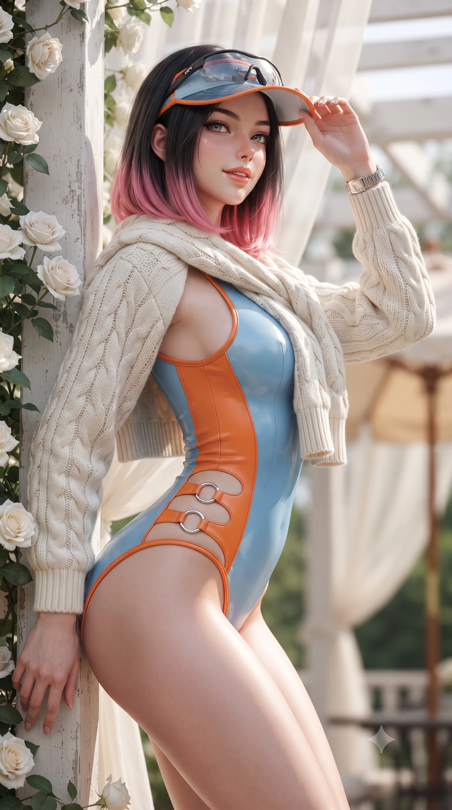 score_9, masterpiece, best quality, ultra-detailed, high-budget anime keyframe, editorial fashion photography, tasteful artistic composition, Korean woman. close-up cowboy shot from the waist and thighs up, the character dominates the composition, filling the frame with her large presence. tilting her head with a cute beaming smile while arching her spine with athletic poise, one hand adjusting her racing visor in a flirtatious S-curve while leaning against the white pergola post draped in white roses with hips cocked back, looking over her shoulder with an alluring, sophisticated smile. The background shows a soft-focus fluttering sheer pergola drapes and vintage canvas umbrella canopies softened in exclusive East Coast shallow focus. She has an exceptionally elegant, slender, and willowy female figure with an ultra-slim waist, flat toned midriff, narrow ribcage, and sculpted feminine hips creating an alluring, slim hourglass silhouette without bulk. sharp v-shaped jawline, high-bridge nose, sparkling eyes with athletic focus and depth, thick curled eyelashes, glossy parted lips with a natural coral-peach sheen, bright confident and coquettish smile with alluring bedroom-eyes, exuding both youthful sporty vigor and sovereign high-society glamour, flawlessly proportioned anatomical accuracy, strict slender model proportions, natural body alignment, perfectly sculpted long slender limbs, ultra-slim waistline, clean dynamic posture without body distortion. wearing a luxurious cashmere cable-knit tennis sweater draped over a liquid-tight white leather racerback bodysuit in vintage Porsche Gulf blue and vibrant race orange, crafted from supple buttery lambskin racing leather with a satin sheen, finished with sharp laser-cut side ventilation cutouts framed by chrome rings, the form-fitting tailored bodice adhering flawlessly to her sculpted flat midriff and slender torso, emphasizing her long leg lines and perfectly proportioned willowy build. illuminated by lawn bounce fill and sharp platinum rim lights defining her razor-sharp jawline, narrow waist, and curvy hips. ultra-reflective glossy finish, specular highlights, rich textural contrasts, high-contrast stereoscopic depth, volumetric dynamic lighting, 2k, ultra detail, master piece, 9:16 ratio