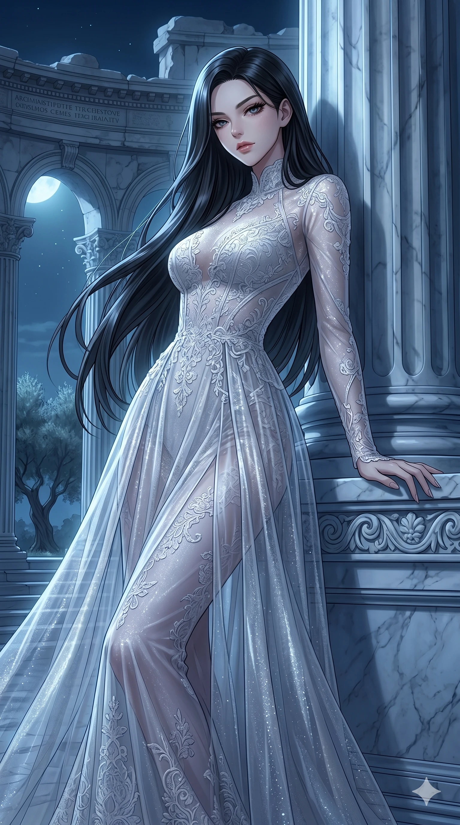 score_9, masterpiece, best quality, ultra-detailed, High-budget Anime Keyframe, East Asian woman. Low angle cowboy shot filling the entire 9:16 frame with her statuesque presence. Scenario 133: Leaning against a cold marble pillar in a moonlit greek temple. Her presence is magnetic and overpowering in this high-budget anime scene. Outfit 133: A delicate technical lace liquid with a artistic translucent overlays and delicate lace embroidery. The clothing is designed to emphasize her exceptionally tall and slender 8-heads proportion. 8-heads proportion, towering silhouette, ultra-slim waist. sharp v-shaped jawline, intricate jewel-like eyes with depth, thick eyelashes, glossy lips. 2k, ultra detail, master piece, 9:16 ratio