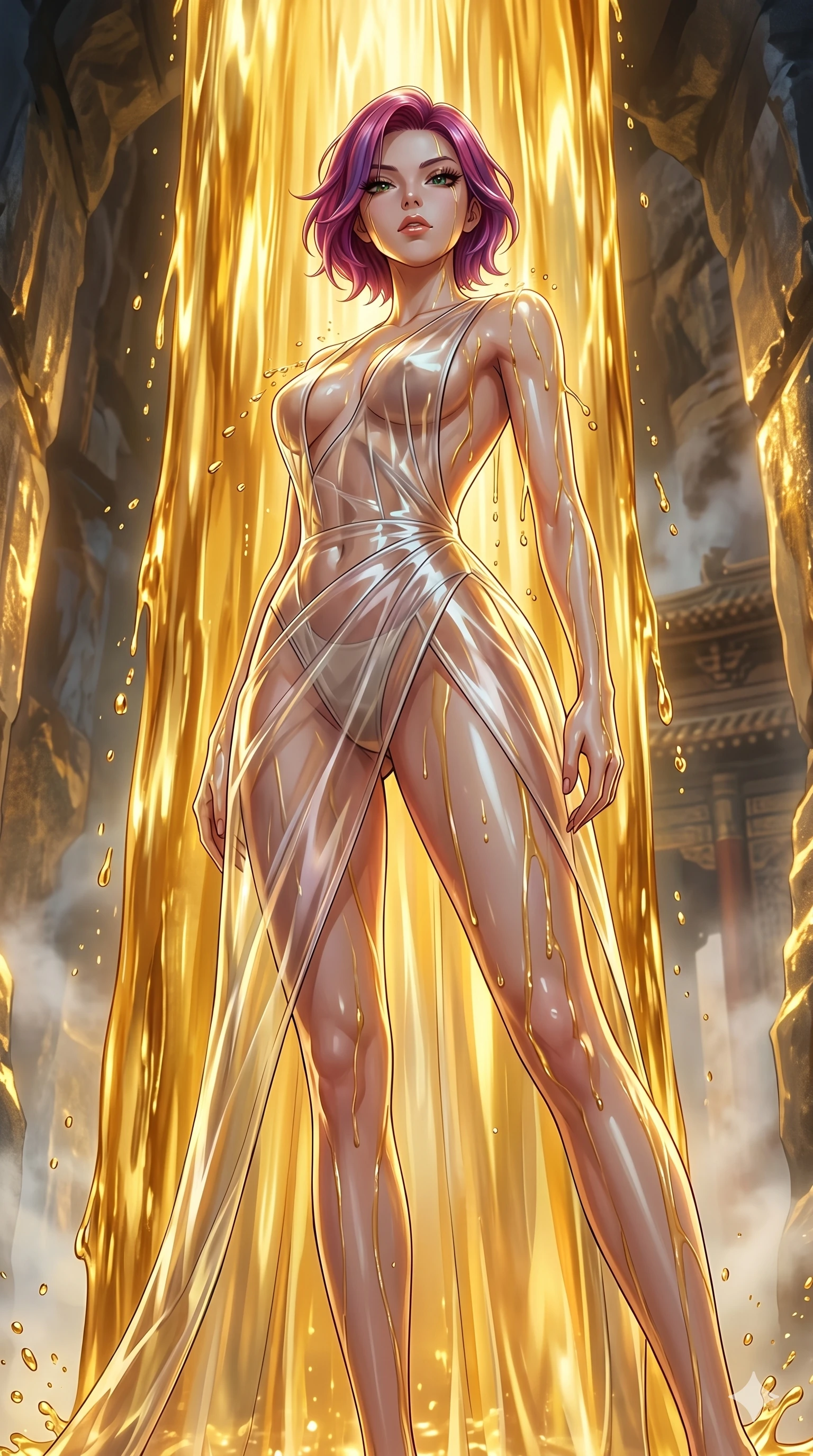 score_9, masterpiece, best quality, ultra-detailed, High-budget Anime Keyframe, East Asian woman. Low angle cowboy shot filling the entire 9:16 frame with her statuesque presence. Scenario 299: Standing under a waterfall of liquid gold, the fluid coating her form. Her presence is magnetic and overpowering in this high-budget anime scene. Outfit 299: A translucent PVC sheer with a backless design and translucent layers. The clothing is designed to emphasize her exceptionally tall and slender 8-heads proportion. 8-heads proportion, towering silhouette, ultra-slim waist. sharp v-shaped jawline, intricate jewel-like eyes with depth, thick eyelashes, glossy lips. 2k, ultra detail, master piece, 9:16 ratio