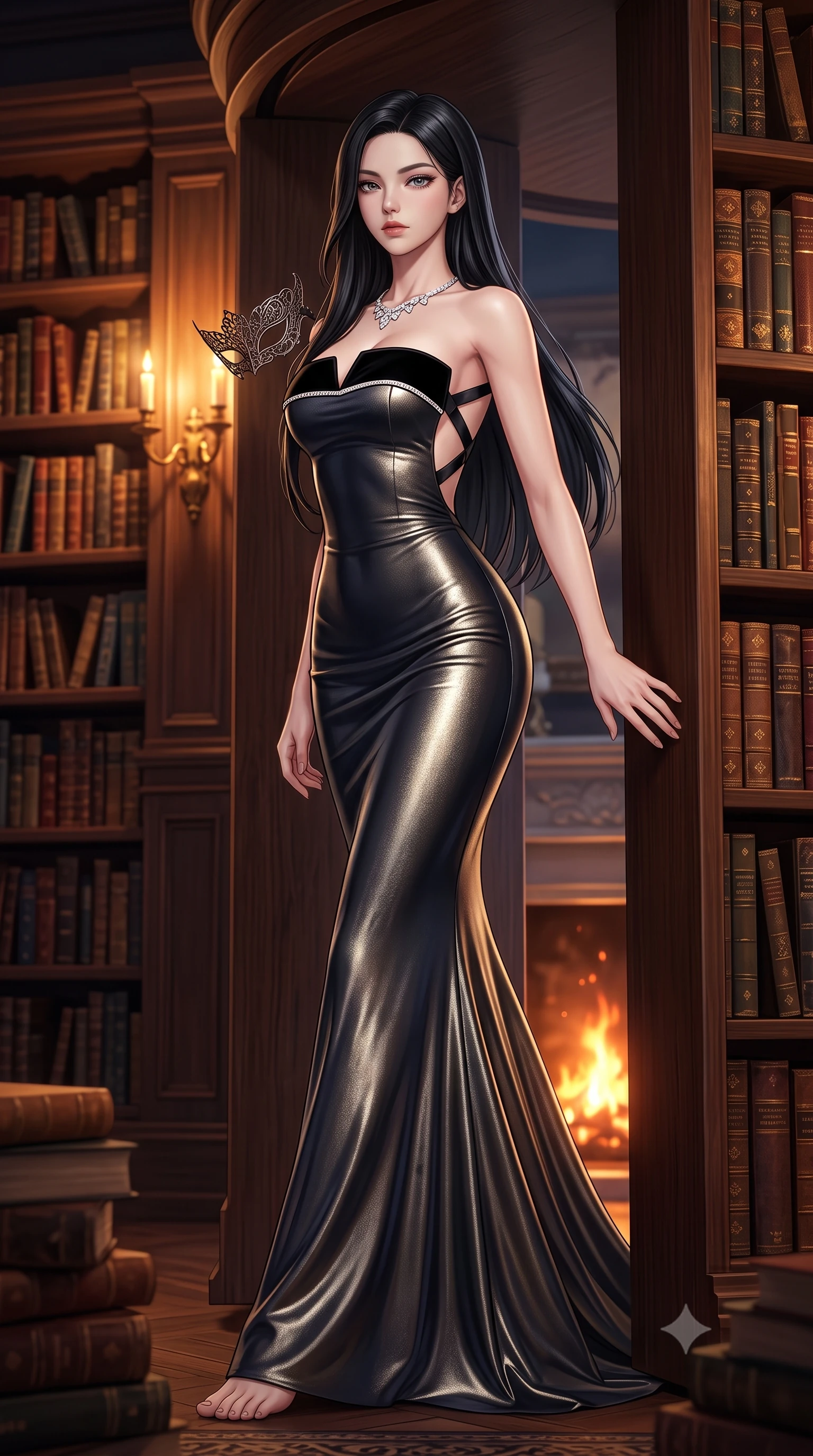 score_9, masterpiece, best quality, ultra-detailed, high-budget anime keyframe, semi-realistic 3D game render, editorial fashion photography, tasteful artistic composition, Korean woman. low angle full-body shot from head to toe showing her feet, filling the entire 9:16 vertical frame with her statuesque presence, stretching her vertical silhouette. pivoting dynamically with supreme athletic balance and poise, her impossibly long slender legs creating a breathtaking line while slipping through a secret revolving bookcase door from the grand library with sovereign stealth and fluid grace. The surrounding environment is rendered in vivid detail and crisp panoramic clarity. intricate laser-cut filigree mask patterns, sparkling diamond necklace facets, and silk velvet textures in deep focus. She has an absolutely perfect, statuesque 8.5-heads proportion, an exceptionally tall and slender model-like female figure with impossibly long slender legs, a toned flat midriff, and an ultra-slim waist. sharp v-shaped jawline, high-bridge nose, intricate jewel-like eyes with depth, thick eyelashes, glossy lips with a natural sheen, captivating and magnetic expression, flawlessly proportioned anatomical accuracy, strict slender model proportions, natural body alignment, perfectly sculpted long slender limbs, ultra-slim waistline, clean dynamic posture without body distortion. wearing a midnight silk crepe mermaid gown featuring an architectural strapless neckline in high-contrast black velvet and diamond crystal trim, crafted from luxurious metallic lamé that shifts radiance with every step, accented with criss-cross back tactical harness straps framing her bare spine, the sleek tailored cut tightly hugging her graceful clavicle, narrow waist, and feminine curves with statuesque precision. bathed in romantic warm candelabra glow and dramatic fireplace ember uplights. highly saturated vibrant anime colors, detailed shading with soft gradients, rich glossy textures, high-contrast stereoscopic depth, volumetric dynamic lighting, master piece, 9:16 ratio
