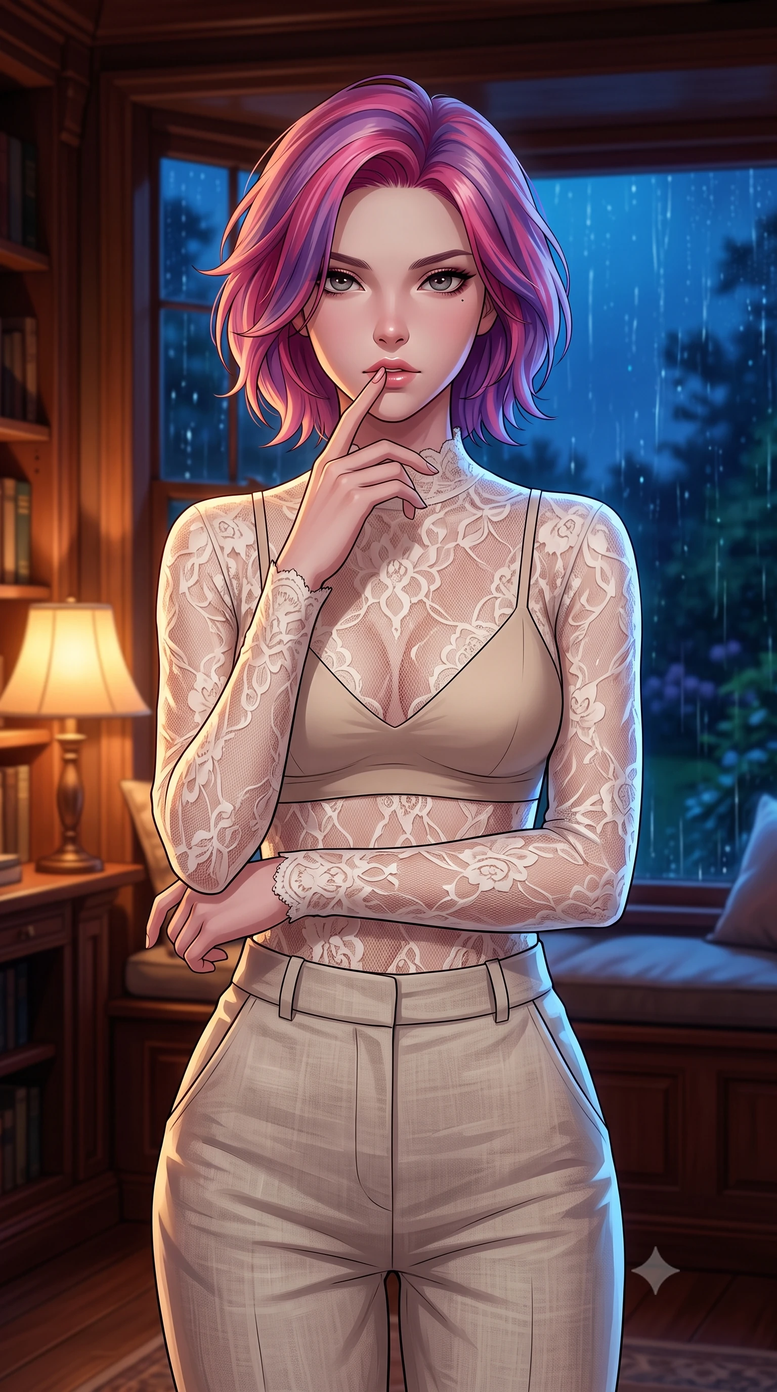 score_9, masterpiece, best quality, ultra-detailed, high-budget anime keyframe, tasteful artistic composition, Caucasian woman. close-up cowboy shot from the waist and thighs up, the character dominates the composition, filling the frame with her large presence, background elements kept in soft focus. pressing one finger to her bottom lip in a thoughtful, seductive gesture under the warm sun the background shows a soft-focus a cozy bay window seat in a private library, overlooking a rain-streaked garden at night. She has an exceptionally elegant, slender, and willowy female figure with an ultra-slim waist, a gracefully sculpted slender torso, and a refined silhouette. sharp v-shaped jawline, high-bridge nose, intricate jewel-like eyes with depth, thick eyelashes, glossy lips with a natural sheen. wearing a form-contouring sheer lace blouse in ivory white, worn over a simple beige bralette and high-waisted linen trousers. soft amber lamplight contrasting with the cool blue midnight twilight. highly saturated vibrant anime colors, cel-shading, 2d style, master piece, 9:16 ratio