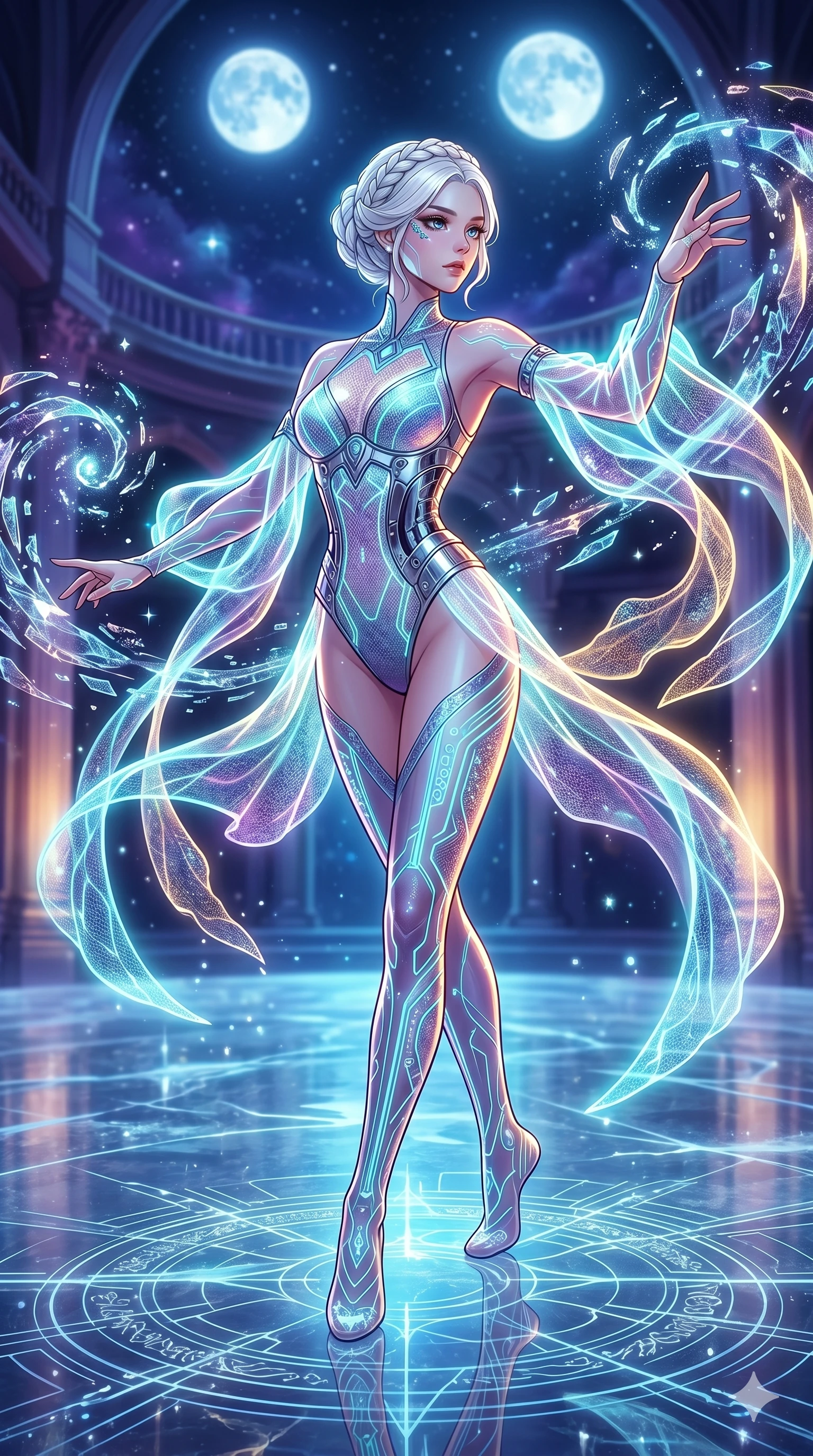 score_9, masterpiece, best quality, ultra-detailed, high-budget anime movie keyframe, cinematic anime lighting, intricate line art, Korean woman. Medium shot of upper body capturing the intricate details of her high-fashion attire. dancing with data-shards in a frozen starlight ballroom under a twin-moon sky. She has an absolutely perfect 8-heads proportion, an exceptionally tall and slender female figure with an ultra-slim waist and impossibly long slender legs. sharp v-shaped jawline, high-bridge nose, intricate jewel-like eyes, thick eyelashes, glossy lips. Wearing asymmetrical high-cut tech-bodysuit with detached glowing sleeves, chrome-plated mechanical corset, and bioluminescent mesh panels clinging to her slender figure. The scene is illuminated by dramatic atmospheric lighting and vibrant color palettes. , 2k, ultra detail, master piece, 9:16 ratio