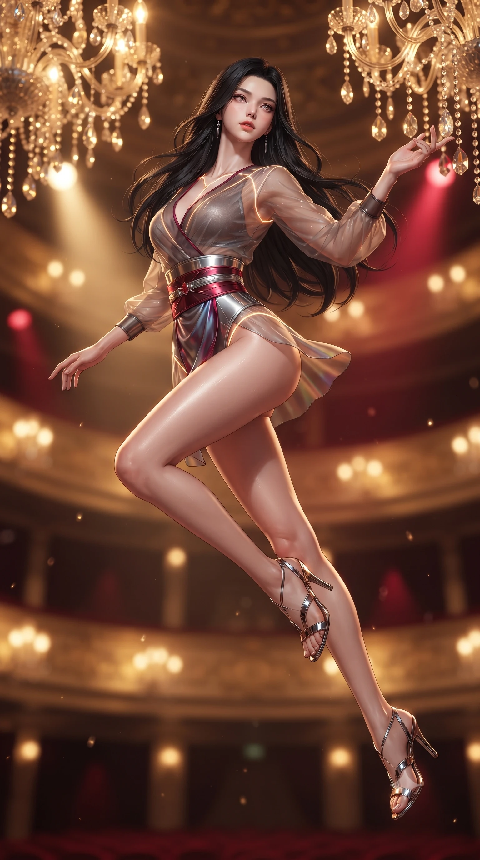 score_9, masterpiece, best quality, ultra-detailed, high-budget anime keyframe, editorial fashion photography, tasteful artistic composition, Korean woman. low angle full-body shot from head to toe showing her feet, filling the entire 9:16 vertical frame with her statuesque presence, stretching her vertical silhouette. leaping through mid-air with an athletic yet alluring arch of her spine, her impossibly long slender legs stretched in flawless poise while reaching one arm out theatrically as suspended crystal chandelier beads catch dramatic golden spotlights. The composition keeps background elements in soft focus with creamy bokeh. gilded opera tiers and thousands of sparkling crystal prisms blurred into warm golden and crimson bokeh. She has an absolutely perfect, statuesque 8.5-heads proportion, an exceptionally tall and slender model-like female figure with impossibly long slender legs and an ultra-slim waist. sharp v-shaped jawline, high-bridge nose, intricate jewel-like eyes with depth, thick eyelashes, glossy lips with a natural sheen, flawlessly proportioned anatomical accuracy, natural body alignment, perfectly sculpted elegant limbs, clean dynamic posture without body distortion. wearing a shortened cyber-fusion wrap top with transparent chiffon panels, a deep crossover neckline, and a high-waisted metallic sash that accentuates her ultra-slim waist in deep ruby red and polished chrome accents, made of smooth iridescent silk chiffon that shifts colors with movement, accented with glowing fiber-optic seams tracing her collarbones and hip curves, the form-contouring second-skin material highlighting her ultra-slim waist and long lines. bathed in warm golden chandelier candlelight and dramatic crimson theatrical spotlights. ultra-reflective glossy finish, specular highlights, metallic sheen, high-contrast stereoscopic depth, volumetric dynamic lighting, 2k, ultra detail, master piece, 9:16 ratio