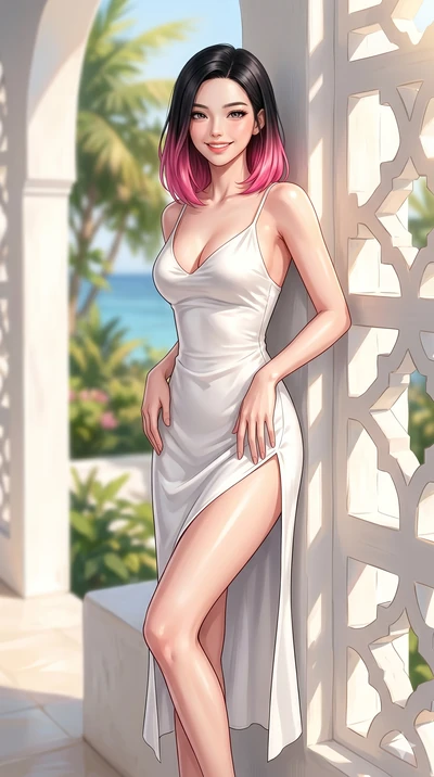 score_9, masterpiece, best quality, ultra-detailed, high-budget anime keyframe, editorial fashion photography, tasteful artistic composition, Korean woman. cowboy shot from the thighs up, character and outfit filling the frame for maximum editorial p