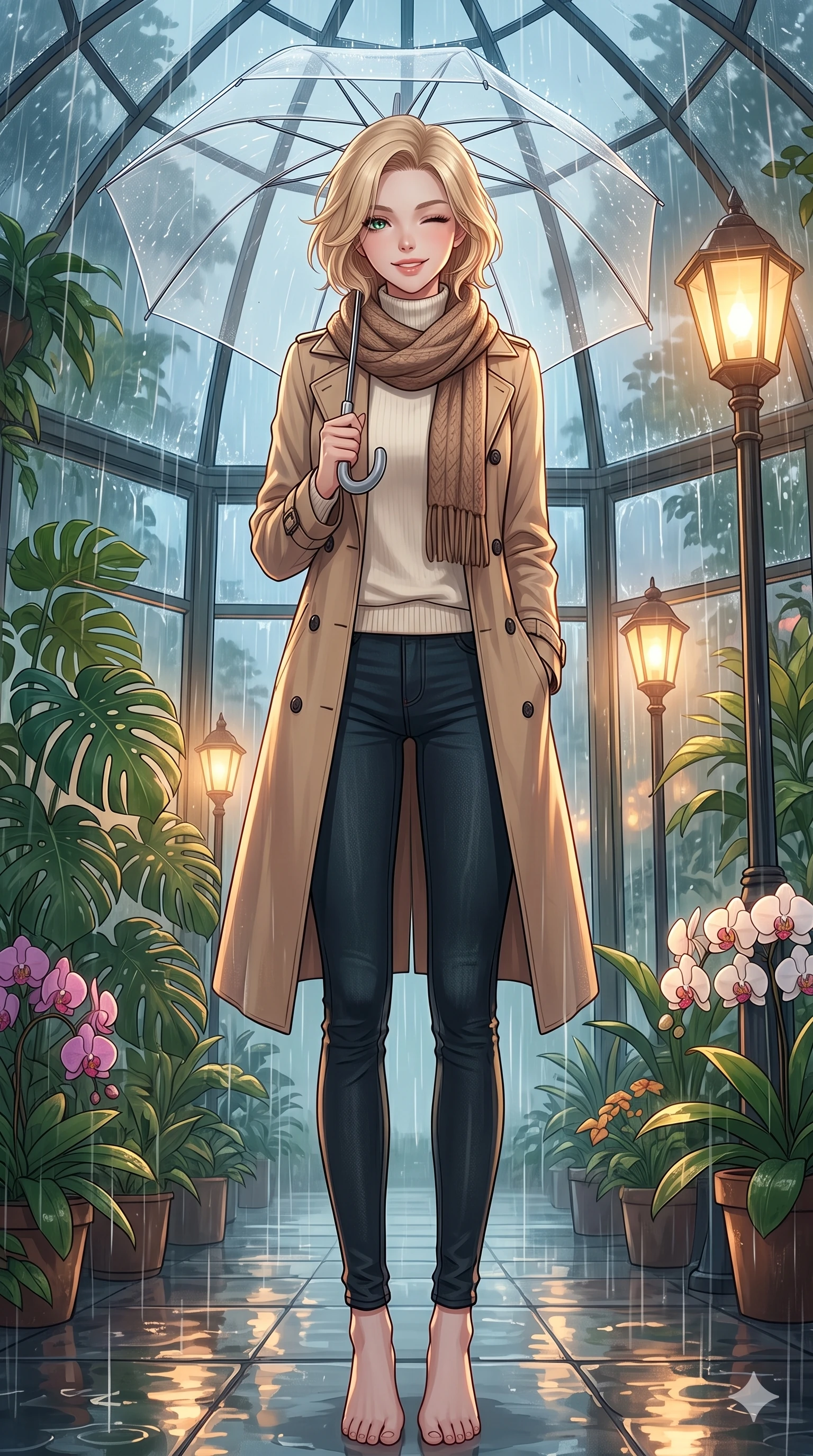 score_9, masterpiece, best quality, ultra-detailed, high-budget anime keyframe, vibrant anime aesthetic, Caucasian woman, strictly human ears. low angle full-body shot from head to toe showing her feet, filling the entire 9:16 vertical frame with her statuesque presence, stretching her vertical silhouette. She is standing under a clear umbrella, winking playfully with a delightful smile, looking directly into the lens with a gentle tilt of her head. inside a glass greenhouse dome filled with tropical monstera and orchids, with heavy rain pouring outside on the glass panels (Code-P22-001). She has an absolutely perfect 8-heads proportion, an exceptionally tall and slender female figure with impossibly long slender legs and an ultra-slim waist. V-shaped jawline, high-bridge nose, intricate jewel-like eyes with depth, thick eyelashes, glossy lips with a natural sheen. wearing a classic beige trench coat over a white turtleneck sweater and dark skinny jeans with a knitted scarf. She is illuminated by warm gaslight street lamps, casting soft reflections on wet pavements, outlining her perfect 8-heads proportion in the rainy afternoon. 2k, ultra detail, master piece, 9:16 ratio