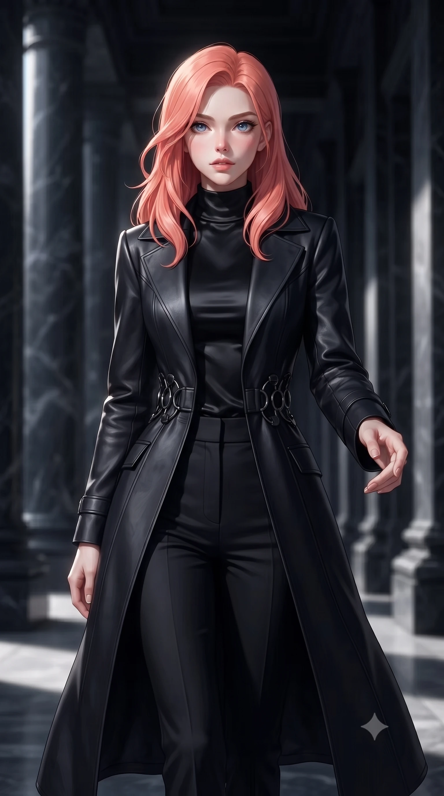 score_9, masterpiece, best quality, ultra-detailed, high-budget anime keyframe, editorial fashion photography, tasteful artistic composition, Japanese woman. close-up cowboy shot from the waist and thighs up, the character dominates the composition, filling the frame with her large presence, background elements kept in soft focus. Reaching one hand toward the viewer with relaxed dark elegance, walking along a dark marble colonnade flooded with cold silver moonbeams, stately dark marble columns swallowing surrounding light into shadows. She has an exceptionally elegant, slender, and willowy female figure with an ultra-slim waist, a gracefully sculpted slender torso, and a refined silhouette. sharp v-shaped jawline, high-bridge nose, intricate jewel-like eyes with depth, thick eyelashes, glossy lips with a natural sheen. wearing structured dark leather long coat over turtleneck and tailored slacks in obsidian black, made of soft dark satin, trimmed with dark chrome ring hardware along the waist contours, following her slender form with tailored precision. illuminated by brilliant cold silver moonlight and deep obsidian shadows. highly saturated vibrant anime colors, detailed shading with soft gradients, rich glossy textures, high-contrast stereoscopic depth, volumetric dynamic lighting, master piece, 9:16 ratio