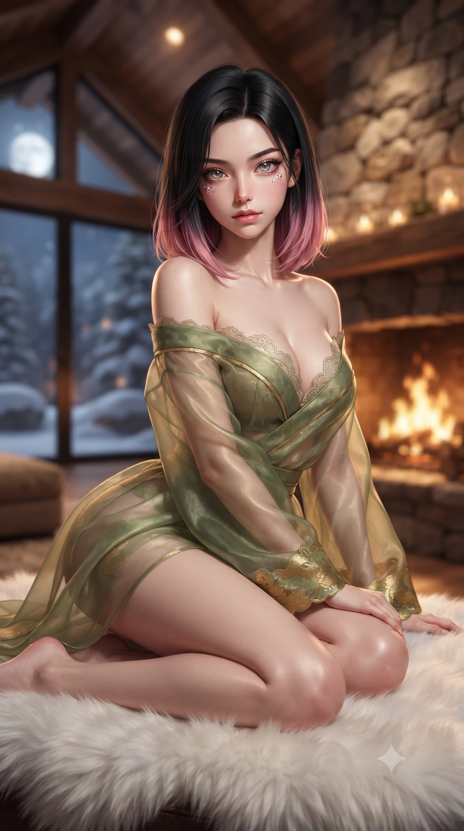 score_9, masterpiece, best quality, ultra-detailed, high-budget anime keyframe, editorial fashion photography, tasteful artistic composition, Korean woman. close-up cowboy shot from the waist and thighs up, the character dominates the composition, filling the frame with her large presence. perched sideways on the lounge seat, one knee drawn up to showcase her slender leg line while her arched back accentuates her feminine hip curve while twisting her slender torso in an alluring S-curve on the plush white fur rug, glowing hearth embers caressing her flat midriff and hips. The background shows a soft-focus roaring flames in the monumental stone hearth, floor-to-ceiling panoramic glass windows framing moonlit snow drifts, and timber vaulted ceiling blurred into amber, cream, and charcoal bokeh. She has an exceptionally elegant, slender, and willowy female figure with an ultra-slim waist, flat toned midriff, narrow ribcage, and sculpted feminine hips creating an alluring, slim hourglass silhouette without bulk. sharp v-shaped jawline, high-bridge nose, intricate jewel-like sparkling eyes with depth, thick eyelashes, glossy parted lips with a natural peach sheen, bright cheerful beaming smile with an enchanting and coquettish sensual glint, exuding both youthful cute charm and seductive allure, flawlessly proportioned anatomical accuracy, strict slender model proportions, natural body alignment, perfectly sculpted long slender limbs, ultra-slim waistline, clean dynamic posture without body distortion. wearing a modern sheer organza kimono dress with wide sleeves slipping gracefully off bare shoulders over a fitted bralette in Gion antique matcha green and gilded gold leaf, crafted from translucent silk organza with an ethereal crystalline sheen, finished with scalloped eyelash lace trim framing her sweetheart neckline with intimate elegance, the form-contouring silhouette accentuating her sculpted flat midriff, narrow delicate ribcage, and gracefully curvy hips with intoxicating allure. illuminated by timber ceiling bounce and sharp copper-gold rim lights defining her razor-sharp jawline, narrow waist, and curvy hips. ultra-reflective glossy finish, specular highlights, rich textural contrasts, high-contrast stereoscopic depth, volumetric dynamic lighting, 2k, ultra detail, master piece, 9:16 ratio