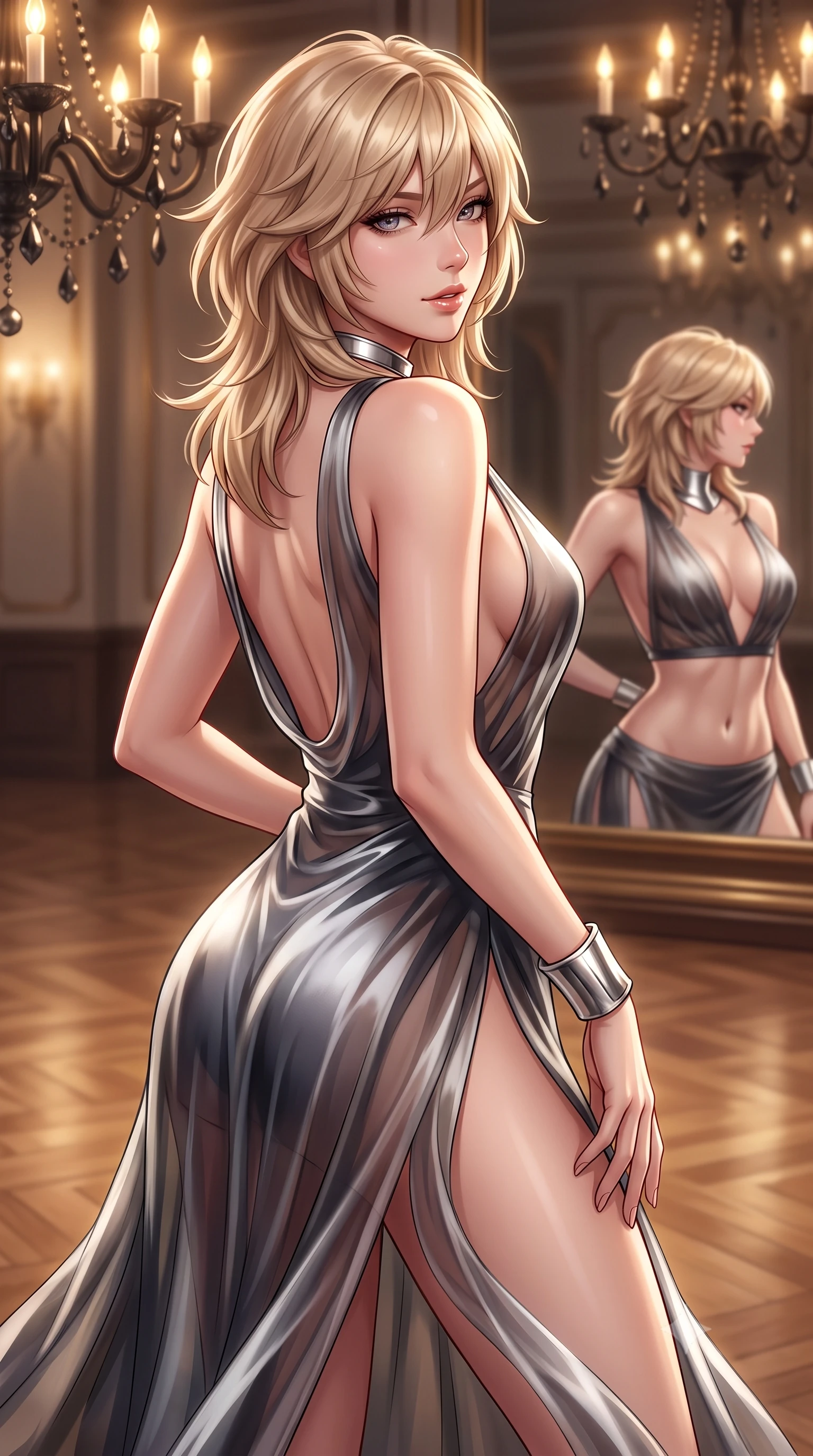 score_9, masterpiece, best quality, ultra-detailed, high-budget anime keyframe, semi-realistic 3D game render, editorial fashion photography, tasteful artistic composition, Japanese woman. close-up cowboy shot from the waist and thighs up, the character dominates the composition, filling the frame with her large presence. posing in an alluring rear three-quarter angle, looking over a bare shoulder with parted glossy lips, her hips cocked back to highlight her slim hourglass curve while twisting her slender torso in an alluring S-curve, mirrored walls reflecting her sculpted flat midriff, narrow waist, and curvaceous hips. The background shows a soft-focus polished ballroom floor reflections softened in opulent gothic shallow focus. She has an exceptionally elegant, slender, and willowy female figure with an ultra-slim waist, flat toned midriff, narrow ribcage, and sculpted feminine hips creating an alluring, slim hourglass silhouette without bulk. sharp v-shaped jawline, high-bridge nose, sparkling eyes with hypnotic seductive depth, thick curled eyelashes, glossy parted lips with a natural dewy peach sheen, alluring bedroom-eyes with an enchanting coquettish smile, exuding magnetic siren charisma and sophisticated glamour, flawlessly proportioned anatomical accuracy, strict slender model proportions, natural body alignment, perfectly sculpted long slender limbs, ultra-slim waistline, clean dynamic posture without body distortion. wearing a deep V-neck sheer gossamer chiffon vampire dress with an open-back scoop and dramatic flowing side leg slit in molten liquid silver and midnight charcoal with platinum highlights, tailored from fine structural neoprene with crisp architectural edges and smooth contouring, finished with a sculptural silver torque collar and a matching wide architectural wrist cuff, the high-slit wrap tailoring accentuating her ultra-slim waistline and the enchanting curve of her feminine hips with alluring seductive charm. bathed in the glittering amber-and-gold brilliance of black-crystal chandelier candle bulbs. highly saturated vibrant anime colors, detailed shading with soft gradients, rich glossy textures, high-contrast stereoscopic depth, volumetric dynamic lighting, master piece, 9:16 ratio