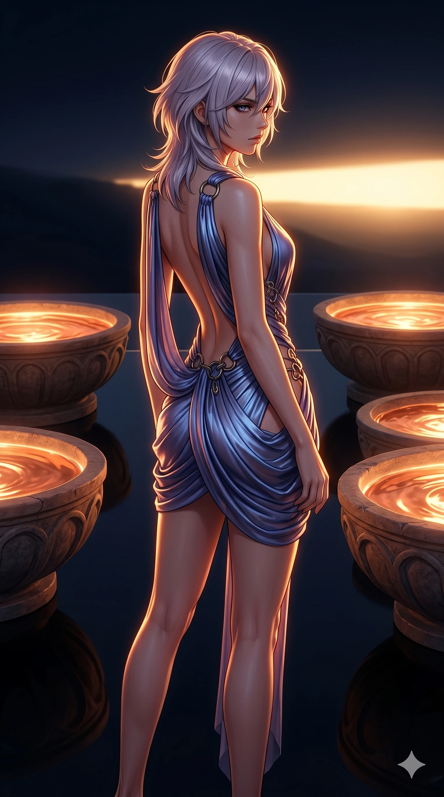 score_9, masterpiece, best quality, ultra-detailed, high-budget anime keyframe, editorial fashion photography, tasteful artistic composition, Japanese woman. cowboy shot from the thighs up, character and outfit filling the frame for maximum editorial presence. Casting a confident sidelong glance, her profile silhouetted against the bright background on an obsidian terrace surrounded by basins of glowing liquid copper. She has an absolutely perfect 8-heads proportion, an exceptionally tall and slender female figure with impossibly long slender legs and an ultra-slim waist. V-shaped jawline, high-bridge nose, intricate jewel-like eyes with depth, thick eyelashes, glossy lips with a natural sheen. wearing a draped Grecian-style dress in metallic blue-violet silk with an open back and metal ring fasteners. drenched in warm amber cinematic rim lighting that traces every contour of her silhouette against the dark. 2k, ultra detail, master piece, 9:16 ratio