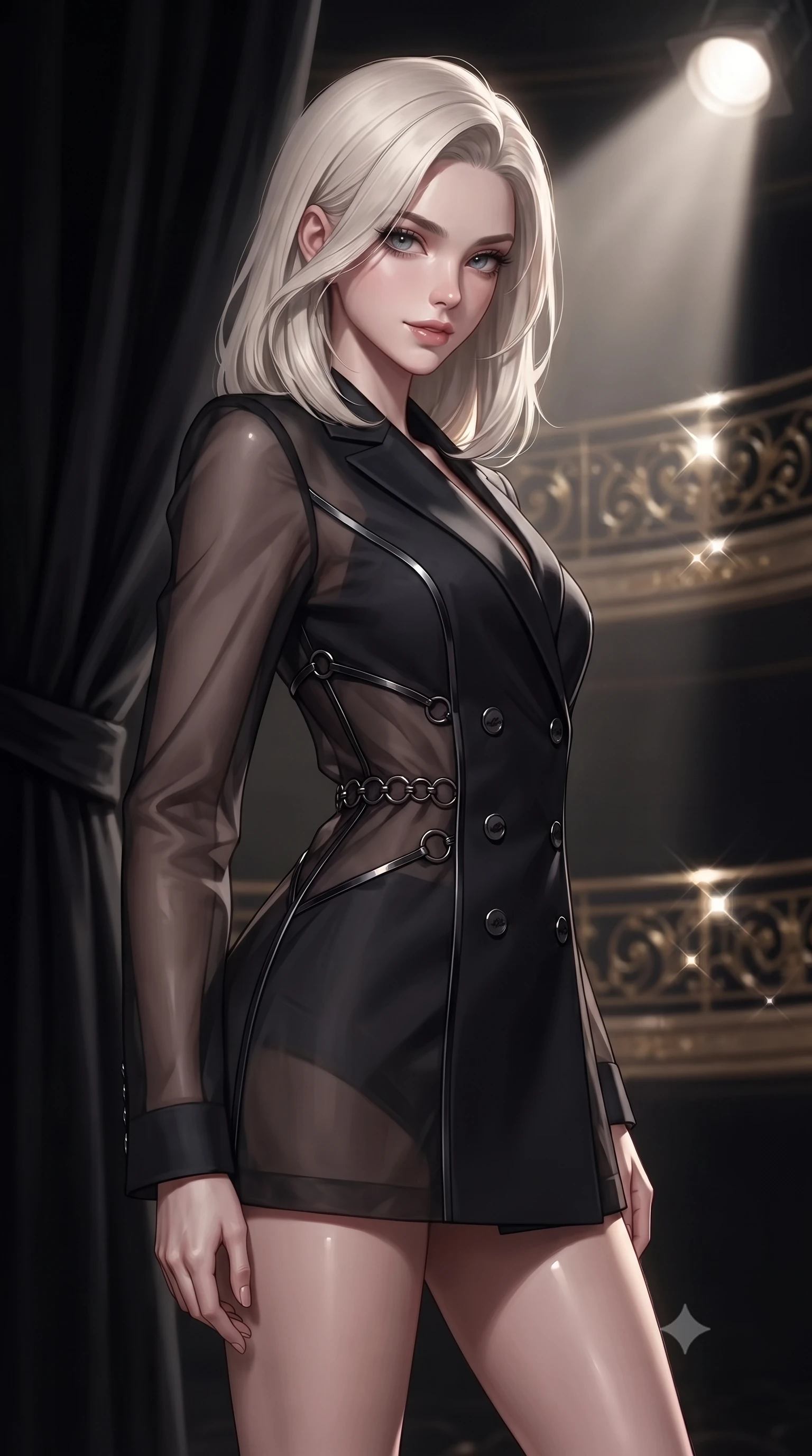 score_9, masterpiece, best quality, ultra-detailed, high-budget anime keyframe, editorial fashion photography, tasteful artistic composition, Caucasian woman. close-up cowboy shot from the waist and thighs up, the character dominates the composition, filling the frame with her large presence, background elements kept in soft focus. Glancing sidelong over her shoulder with a smoldering, enigmatic half-smile, poised near a heavy black velvet curtain as a dramatic stage spotlight shines, dark gold filigree on balcony railings glinting under sharp specular highlights. She has an exceptionally elegant, slender, and willowy female figure with an ultra-slim waist, a gracefully sculpted slender torso, and a refined silhouette. sharp v-shaped jawline, high-bridge nose, intricate jewel-like eyes with depth, thick eyelashes, glossy lips with a natural sheen. wearing tailored double-breasted obsidian blazer dress in smoky pitch black, made of sheer dark organza overlay, trimmed with dark chrome ring hardware along the waist contours, accentuating her gracefully sculpted slender torso. surrounded by dramatic theatrical chiaroscuro with sharp gold rim highlights. ultra-reflective glossy finish, specular highlights, metallic sheen, high-contrast stereoscopic depth, volumetric dynamic lighting, 2k, ultra detail, master piece, 9:16 ratio