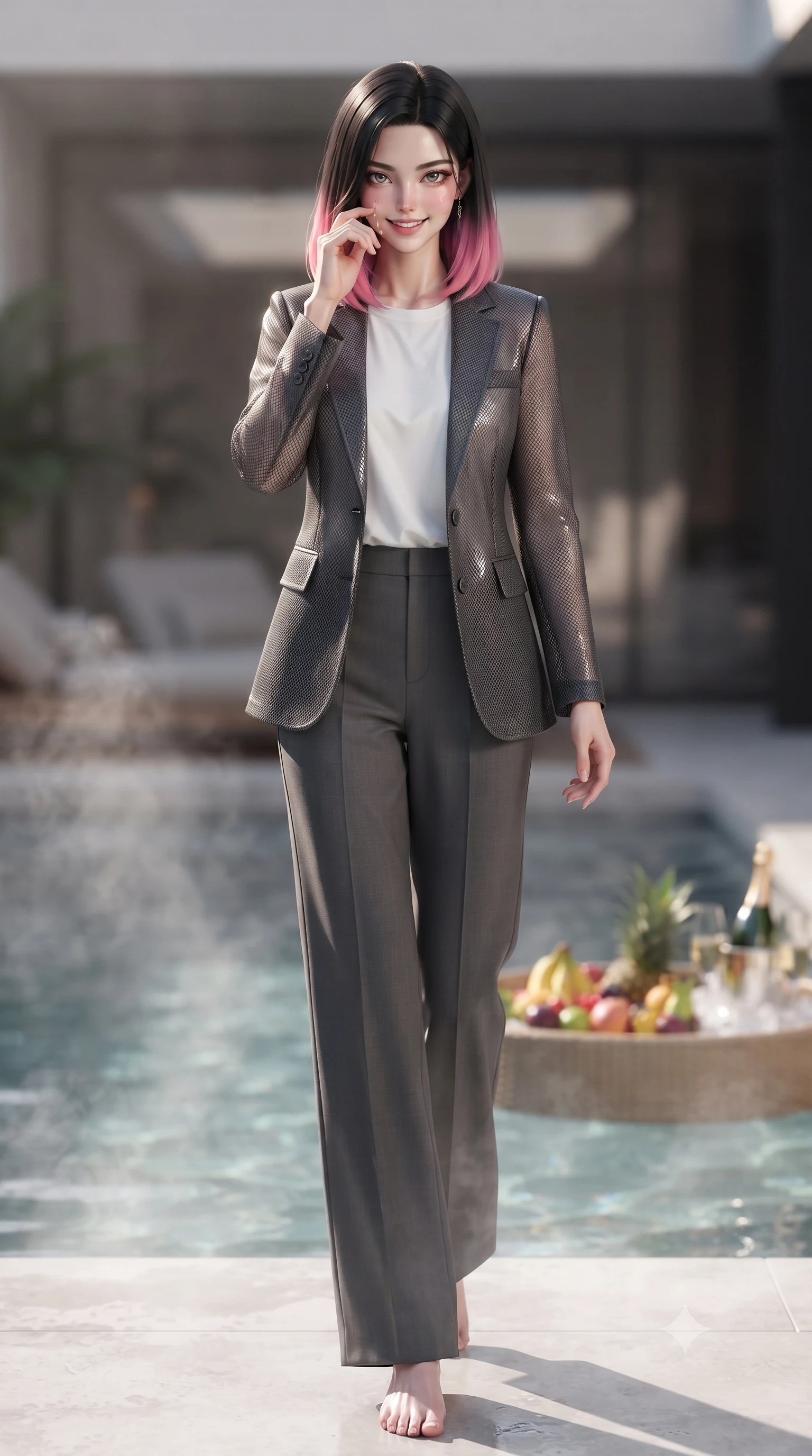 score_9, masterpiece, best quality, ultra-detailed, high-budget anime keyframe, editorial fashion photography, tasteful artistic composition, Korean woman. low angle full-body shot from head to toe showing her feet, filling the entire 9:16 vertical frame with her statuesque presence, stretching her vertical silhouette. stepping forward from the steamy pool edge, wiping away water droplets with a playful and sensual smile set against a soft-focus background of inside an exclusive vanity suite with a floating pool tray of tropical fruits and chilled wine in soft focus. She has an absolutely perfect, statuesque 8.5-heads proportion, an exceptionally tall and slender model-like female figure with impossibly long slender legs and an ultra-slim waist. sharp v-shaped jawline, high-bridge nose, intricate jewel-like eyes with depth, thick eyelashes, glossy lips with a natural sheen. wearing form-contouring charcoal contouring mesh tailored casual blazer paired with a loose tee and wide-leg trousers featuring refined tailored seams. accented by a single dramatic key light highlighting her statuesque posture and slim waist. ultra-reflective glossy finish, specular highlights, metallic sheen, high-contrast stereoscopic depth, volumetric dynamic lighting, 2k, ultra detail, master piece, 9:16 ratio