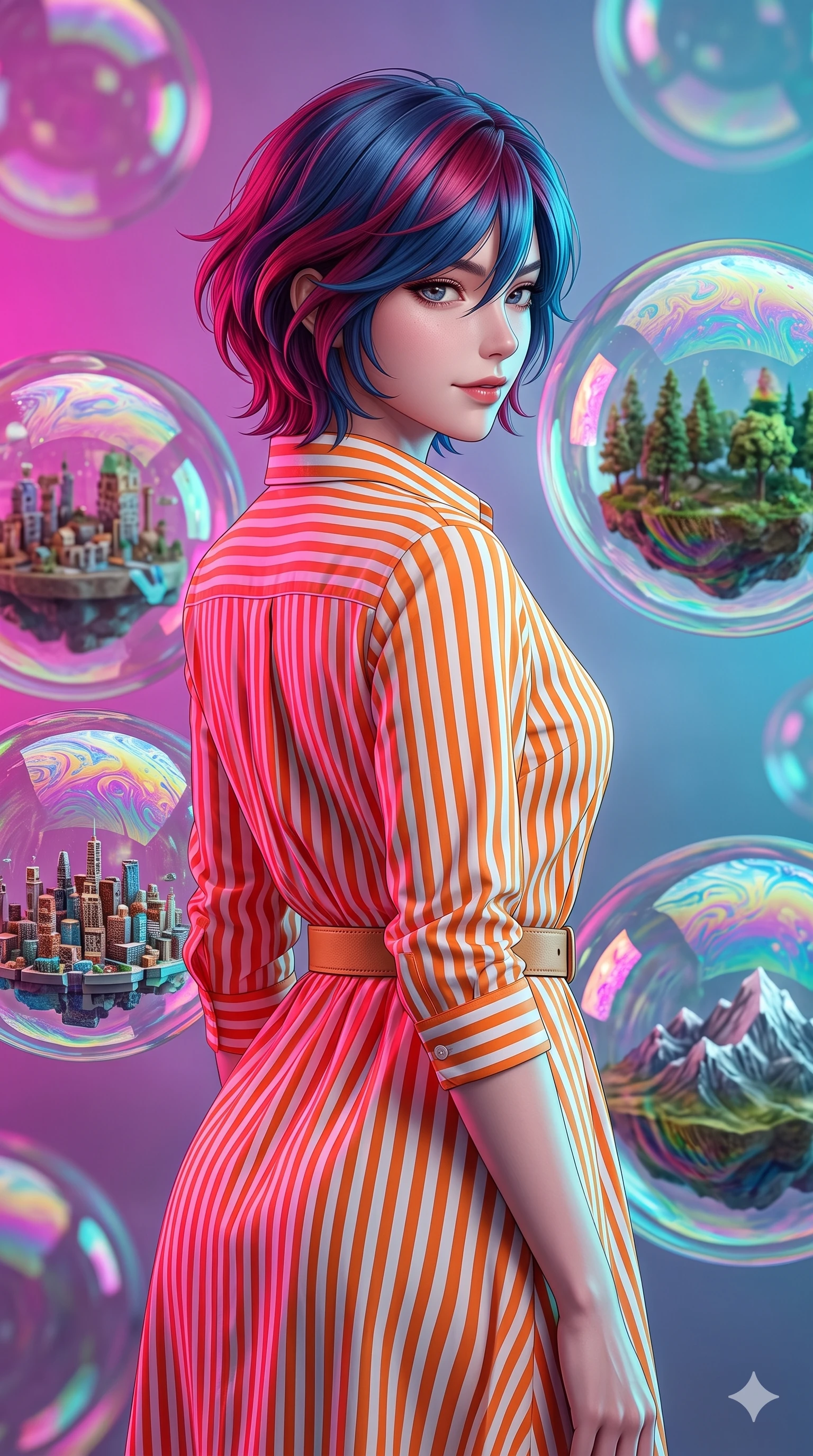 score_9, masterpiece, best quality, ultra-detailed, high-budget anime keyframe, editorial fashion photography, tasteful artistic composition, Korean woman. close-up cowboy shot from the waist and thighs up, the character dominates the composition, filling the frame with her large presence, background elements kept in soft focus. Glancing sidelong over her shoulder with a smoldering half-smile. set against a soft-focus background of a dimension filled with enormous iridescent soap bubbles each containing a perfectly detailed miniature world within its shimmering membrane surfaces rippling with rainbow oil-slick patterns. She has an exceptionally elegant and slender, willowy female figure with an ultra-slim waist, a gracefully sculpted slender torso, and a refined slim physique. sharp v-shaped jawline, high-bridge nose, intricate jewel-like eyes with depth, thick eyelashes, glossy lips with a natural sheen. wearing a crisp poplin shirt dress in vibrant orange and white vertical stripes, cinched at the waist with a tan leather belt. dual-tone lighting with hot magenta from the left and cool cyan from the right. 2k, ultra detail, master piece, 9:16 ratio