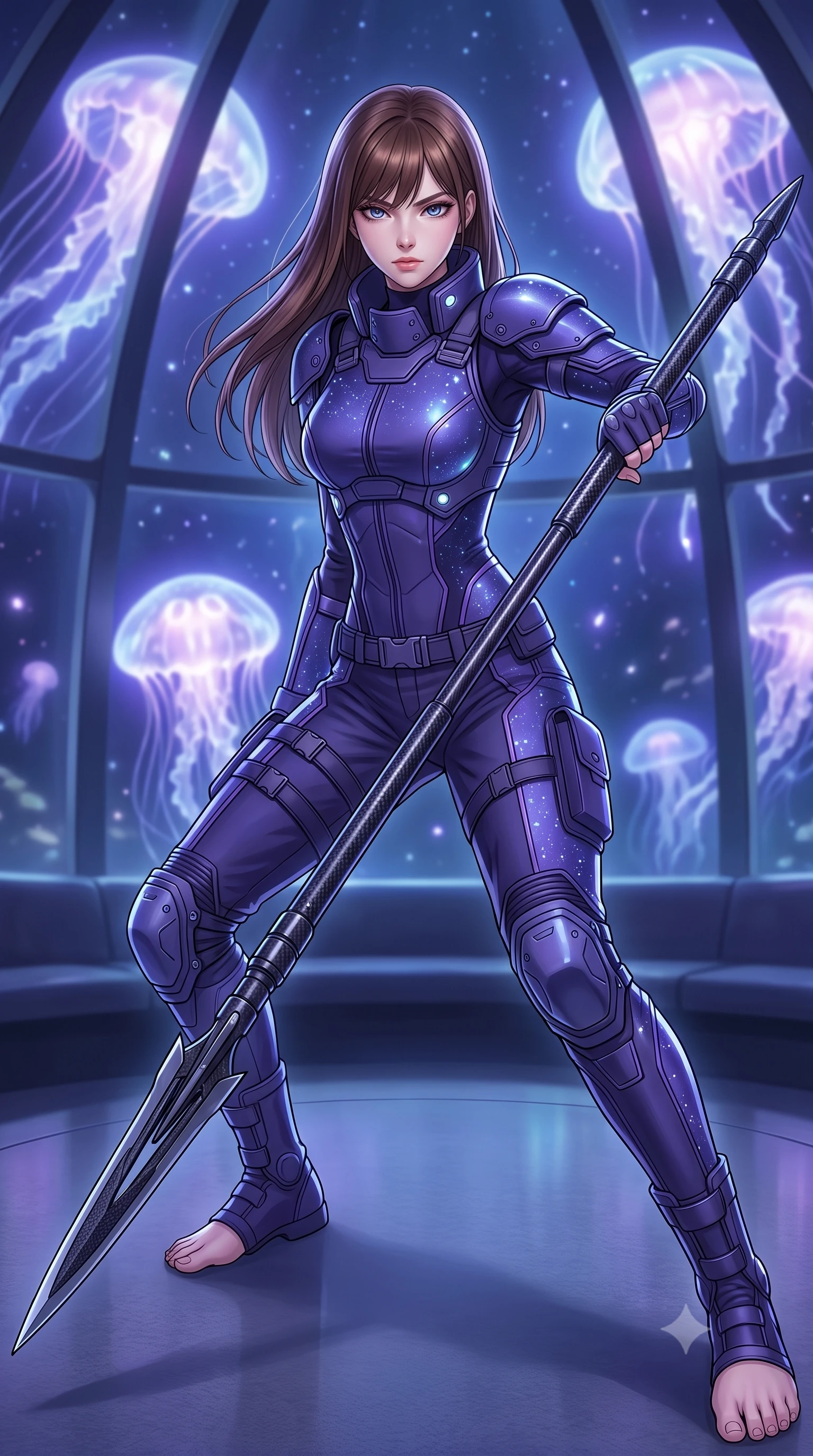 score_9, masterpiece, best quality, ultra-detailed, high-budget anime keyframe, editorial fashion photography, tasteful artistic composition, Korean woman. low angle full-body shot from head to toe showing her feet, filling the entire 9:16 vertical frame with her statuesque presence, stretching her vertical silhouette. standing in a dynamic combat stance with a carbon-fiber spear held diagonally, stretching her statuesque body, the background shows a soft-focus a deep-sea observatory lounge with curved glass walls showing giant jellyfish. She has an absolutely perfect, statuesque 8.5-heads proportion, an exceptionally tall and slender model-like female figure with impossibly long slender legs and an ultra-slim waist. sharp v-shaped jawline, high-bridge nose, intricate jewel-like eyes with depth, thick eyelashes, glossy lips with a natural sheen. wearing a form-contouring futuristic combat uniform with structured shoulder armor plates, worn over a high-collar ballistic vest and trousers. cool indigo and violet starlight from bioluminescent jellyfish drifting outside. highly saturated vibrant anime colors, detailed shading with soft gradients, rich glossy textures, high-contrast stereoscopic depth, volumetric dynamic lighting, master piece, 9:16 ratio