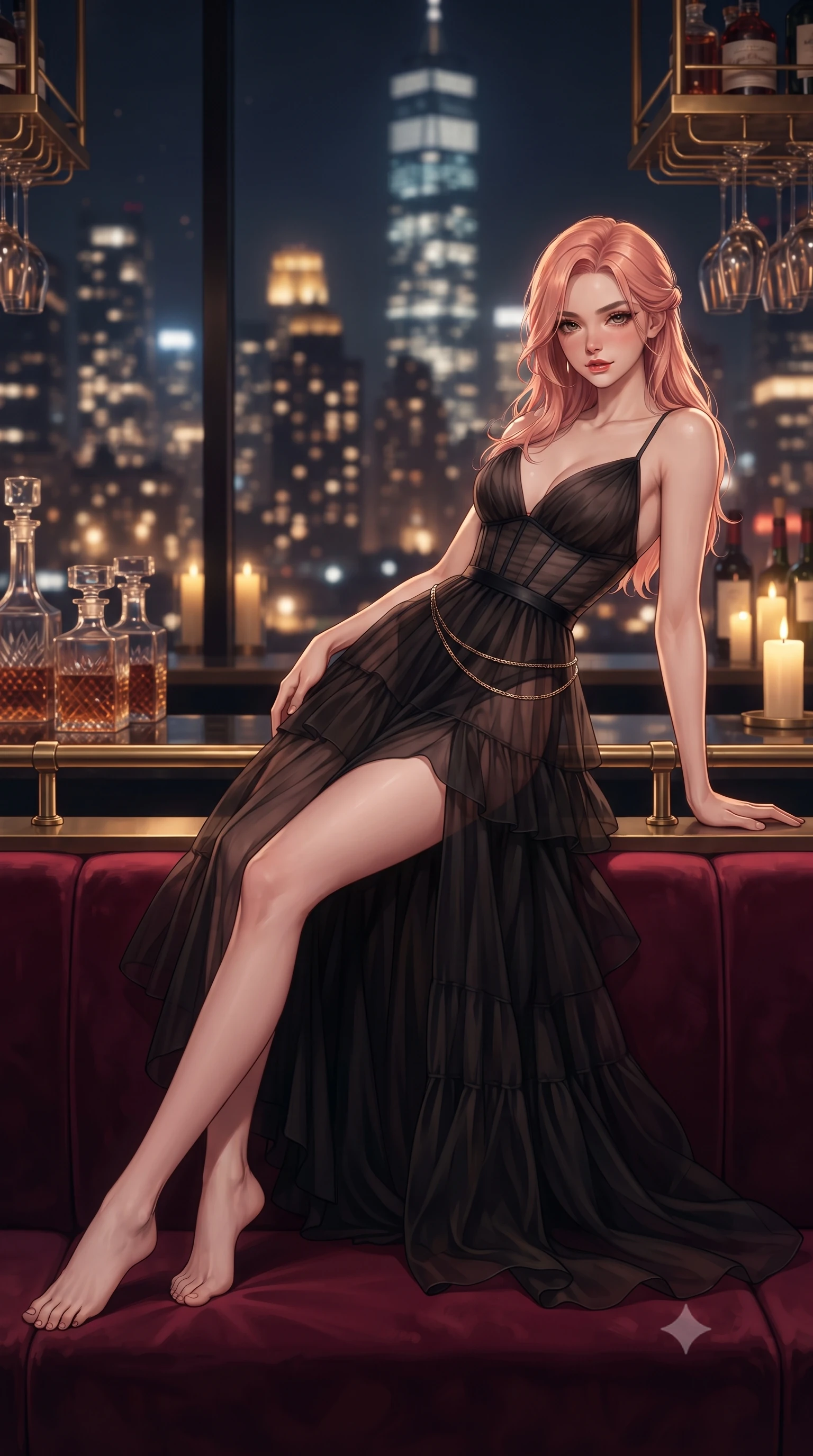 score_9, masterpiece, best quality, ultra-detailed, high-budget anime keyframe, editorial fashion photography, tasteful artistic composition, Japanese woman. low angle full-body shot from head to toe showing her feet, filling the entire 9:16 vertical frame with her statuesque presence, stretching her vertical silhouette. reclining languidly across the velvet banquette with one knee bent and hips angled toward the camera, displaying her toned midriff and long slender limbs with effortless sensual charisma while twisting her slender torso in an alluring S-curve while leaning lightly on the polished brass handrail, the colossal sea of Manhattan night skyscrapers glowing behind her. The composition keeps background elements in soft focus with dreamy creamy bokeh. amber crystal bar decanters and suspended brass wine racks softened in luxurious midnight shallow focus. She has an exceptionally tall and slender model-like 8.5-heads proportion, an ultra-slim waist, a flat toned midriff, narrow delicate ribcage, and beautifully sculpted feminine hips creating a graceful, slim hourglass silhouette without any bulky heaviness, with impossibly long slender legs. sharp v-shaped jawline, high-bridge nose, intricate jewel-like dark sparkling eyes with dangerous depth, thick curled eyelashes, glossy parted lips with a rich wine sheen, smoldering seductive half-smile with bedroom-eyes, exuding effortless superiority and intoxicating dark allure, flawlessly proportioned anatomical accuracy, strict slender model proportions, natural body alignment, perfectly sculpted long slender limbs, ultra-slim waistline, clean dynamic posture without body distortion. wearing a tiered semi-sheer black tulle and silk slip dress with an ultra-slim corseted waist and bare shoulders in metallic liquid silver and pitch black, crafted from layered gossamer black organza with weightless, smoky flutter, finished with a delicate gold snake chain belt resting loosely across her curvy hips, the precision-cut side openings and low-back scoop framing her graceful spine and the sensual sweep of her slim, toned hips. bathed in warm golden candle accents and dim ambient bar backlights contrasting sharply with cool midnight glass reflections. ultra-reflective glossy finish, specular highlights, rich textural contrasts, high-contrast stereoscopic depth, volumetric dynamic lighting, 2k, ultra detail, master piece, 9:16 ratio