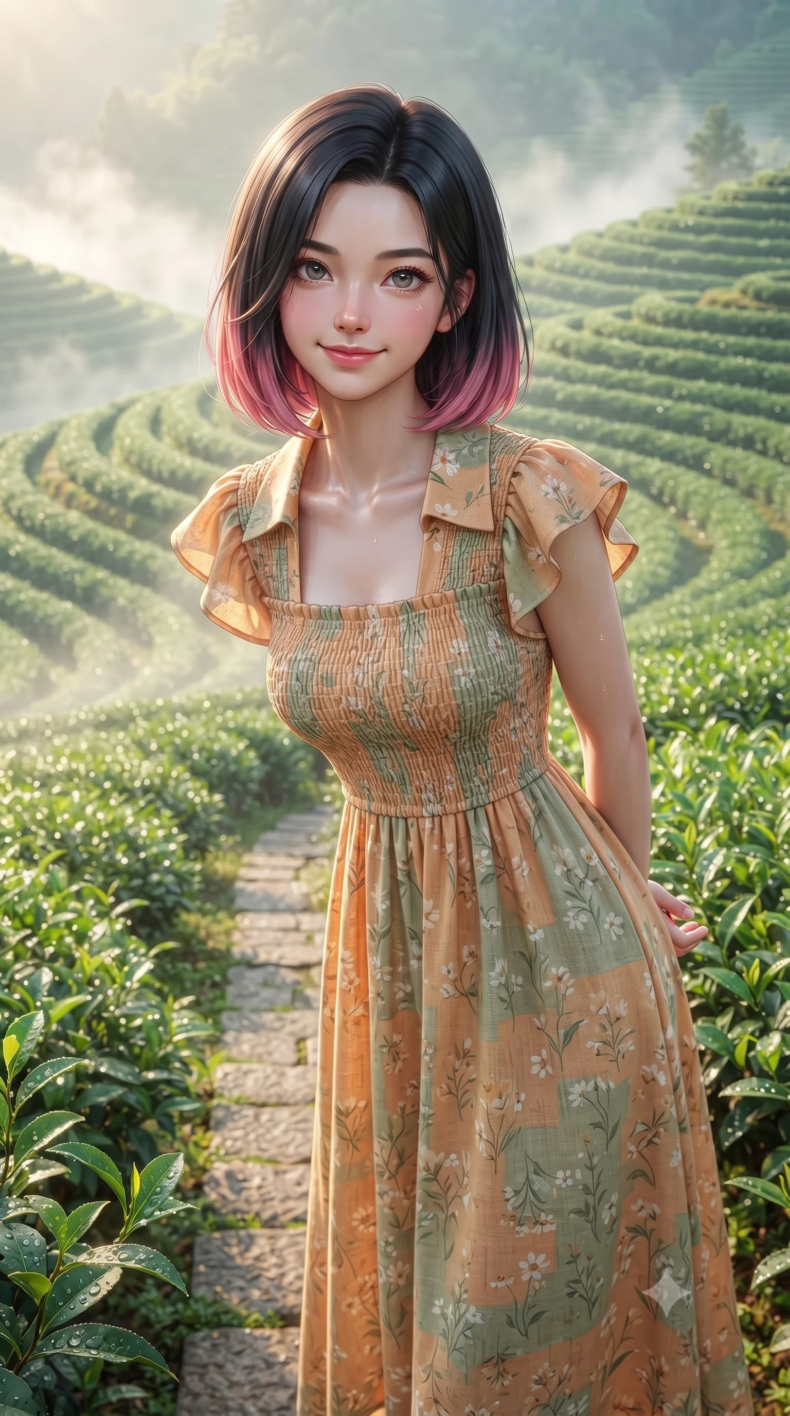 score_9, masterpiece, best quality, ultra-detailed, high-budget anime keyframe, editorial fashion photography, tasteful artistic composition, Korean woman. close-up cowboy shot from the waist and thighs up, the character dominates the composition, filling the frame with her large presence. clasping her hands behind her back and leaning forward playfully with a sweet, innocent girlhood expression while walking gracefully along terraced emerald green tea rows as gentle morning mist swirls around her steps. The surrounding environment is rendered in vivid detail and crisp panoramic clarity. glistening morning dewdrops on fresh tea leaves, neat curving terrace contours, and stone steps in sharp focus. She has an exceptionally elegant, slender, and willowy female figure with an ultra-slim waist, a gracefully sculpted slender torso, toned flat midriff, and a refined slim silhouette. sharp v-shaped jawline, high-bridge nose, intricate jewel-like eyes with depth, thick eyelashes, glossy lips with a natural sheen, pure and lovely fresh girlhood expression, flawlessly proportioned anatomical accuracy, strict slender model proportions, natural body alignment, perfectly sculpted long slender limbs, ultra-slim waistline, clean dynamic posture without body distortion. wearing a sweet square-neck smocked midi dress decorated with delicate wildflower patterns in warm apricot and sage green, crafted from soft breathable linen that flutters gently in the breeze, featuring elegant flutter sleeves and a graceful open collar, the relaxed yet flattering fit accentuating her naturally graceful and slender figure, highlighting her youthful charm and lovely silhouette. illuminated by gentle morning sunbeams casting a warm, dewy glow on her skin and attire. ultra-reflective glossy finish, specular highlights, rich natural textures, high-contrast stereoscopic depth, volumetric dynamic lighting, 2k, ultra detail, master piece, 9:16 ratio