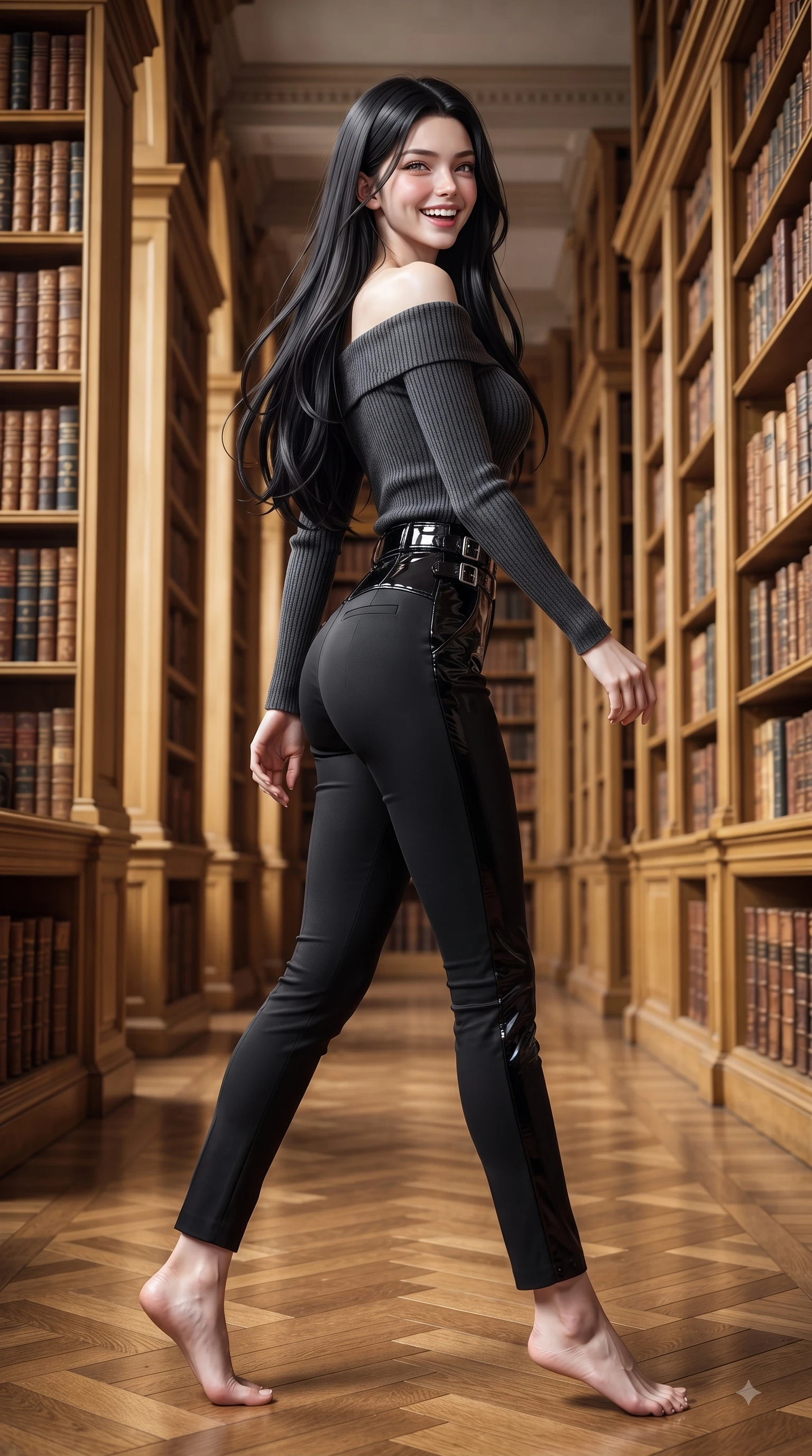 score_9, masterpiece, best quality, ultra-detailed, high-budget anime keyframe, editorial fashion photography, tasteful artistic composition, Korean woman. low angle full-body shot from head to toe showing her feet, filling the entire 9:16 vertical frame with her statuesque presence, stretching her vertical silhouette. pivoting dynamically in mid-motion with a delighted cute expression, displaying her perfect model proportions while walking down a polished parquet aisle flanked by tall golden bookcases with a joyful grin, thousands of classic leather-bound volumes stacked along majestic wooden bookcases. She has an absolutely perfect, statuesque 8.5-heads proportion, an exceptionally tall and slender model-like female figure with impossibly long slender legs and an ultra-slim waist. sharp v-shaped jawline, high-bridge nose, intricate jewel-like eyes with depth, thick eyelashes, glossy lips with a natural sheen, flawlessly proportioned anatomical accuracy, natural body alignment, perfectly sculpted elegant limbs, clean dynamic posture without body distortion. wearing a sleek off-shoulder ribbed knit top paired with high-waist tailored pants in matte black and polished silver, tailored from high-gloss patent leather, detailed with polished silver buckles along the waistline, the tailored fabric tightly following every curve of her athletic build. surrounded by a serene, intelligent, and fresh academic atmosphere. ultra-reflective glossy finish, specular highlights, metallic sheen, high-contrast stereoscopic depth, volumetric dynamic lighting, 2k, ultra detail, master piece, 9:16 ratio