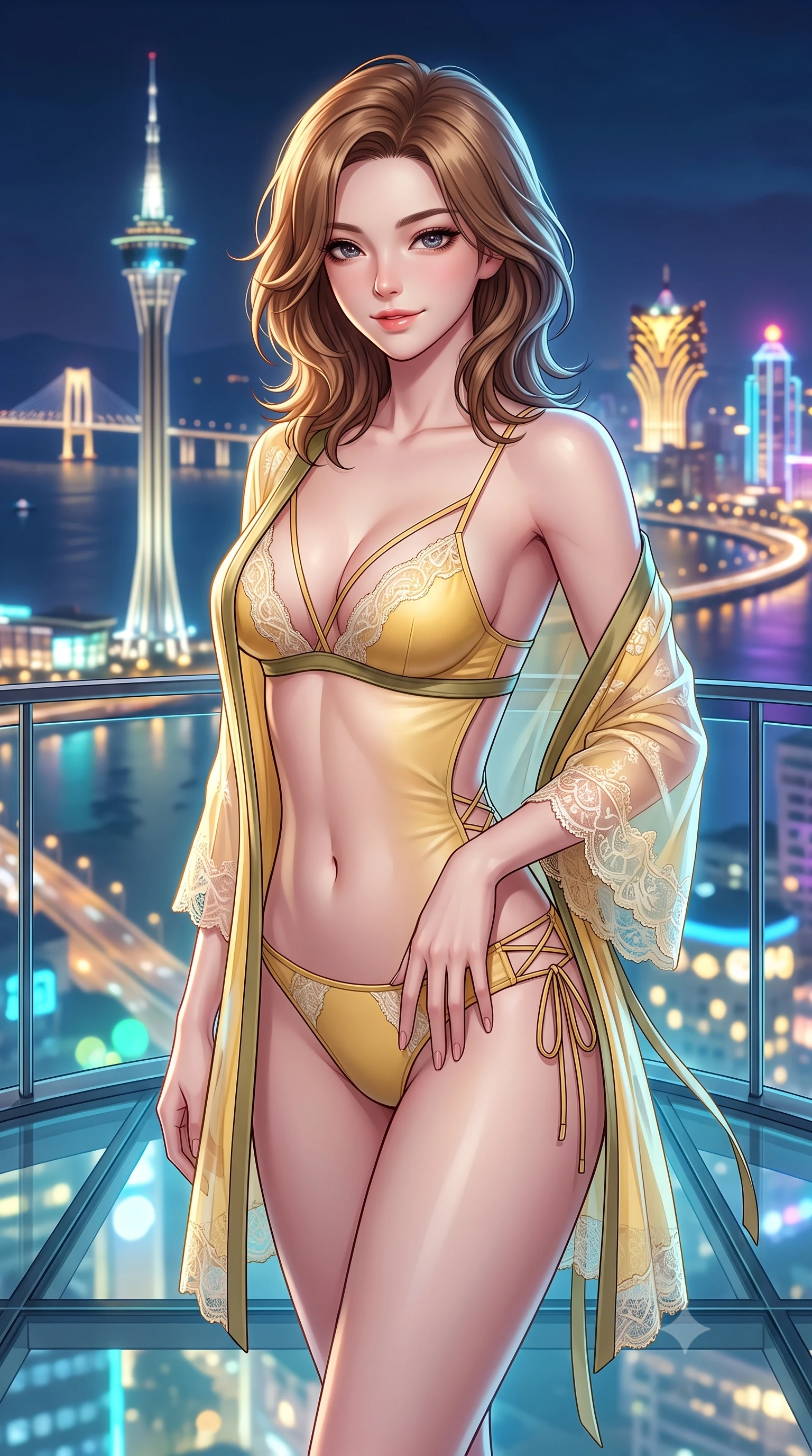 score_9, masterpiece, best quality, ultra-detailed, high-budget anime keyframe, semi-realistic 3D game render, editorial fashion photography, tasteful artistic composition, Korean woman. close-up cowboy shot from the waist and thighs up, the character dominates the composition, filling the frame with her large presence. tilting her head with a teasing half-smile, running one hand slowly down the side of her hip in a flirtatious S-curve as ambient light caresses her silhouette while standing poised on the transparent glass balcony suspended sixty stories in the air, arching her back with breathless supermodel daring. The background shows a soft-focus the iconic glowing Macau Tower spire, sea bridges spanning the dark delta, and glittering casino skylines blurred into gold, cyan, and violet bokeh. She has an exceptionally elegant, slender, and willowy female figure with an ultra-slim waist, flat toned midriff, narrow ribcage, and sculpted feminine hips creating an alluring, slim hourglass silhouette without bulk. sharp v-shaped jawline, high-bridge nose, sparkling eyes with hypnotic seductive depth, thick curled eyelashes, glossy parted lips with a natural dewy peach sheen, alluring bedroom-eyes with an enchanting coquettish smile, exuding magnetic siren charisma and sophisticated glamour, flawlessly proportioned anatomical accuracy, strict slender model proportions, natural body alignment, perfectly sculpted long slender limbs, ultra-slim waistline, clean dynamic posture without body distortion. wearing a delicate sheer lace boudoir robe worn loose and slipping off bare shoulders over a matching strappy bralette and briefs in sunlit daisy yellow and gardenia cream with olive accents, woven from buttery-soft stretch lambskin leather adhering to her body like a second skin, featuring fine criss-cross lace-up side ties revealing tantalizing glimpses of her hip curve, the precision-cut side openings and low-back scoop framing her graceful spine and the sensual sweep of her slim, toned hips. bathed in exterior architectural facade floodlights combined with cool midnight delta breeze ambient fill. highly saturated vibrant anime colors, detailed shading with soft gradients, rich glossy textures, high-contrast stereoscopic depth, volumetric dynamic lighting, master piece, 9:16 ratio