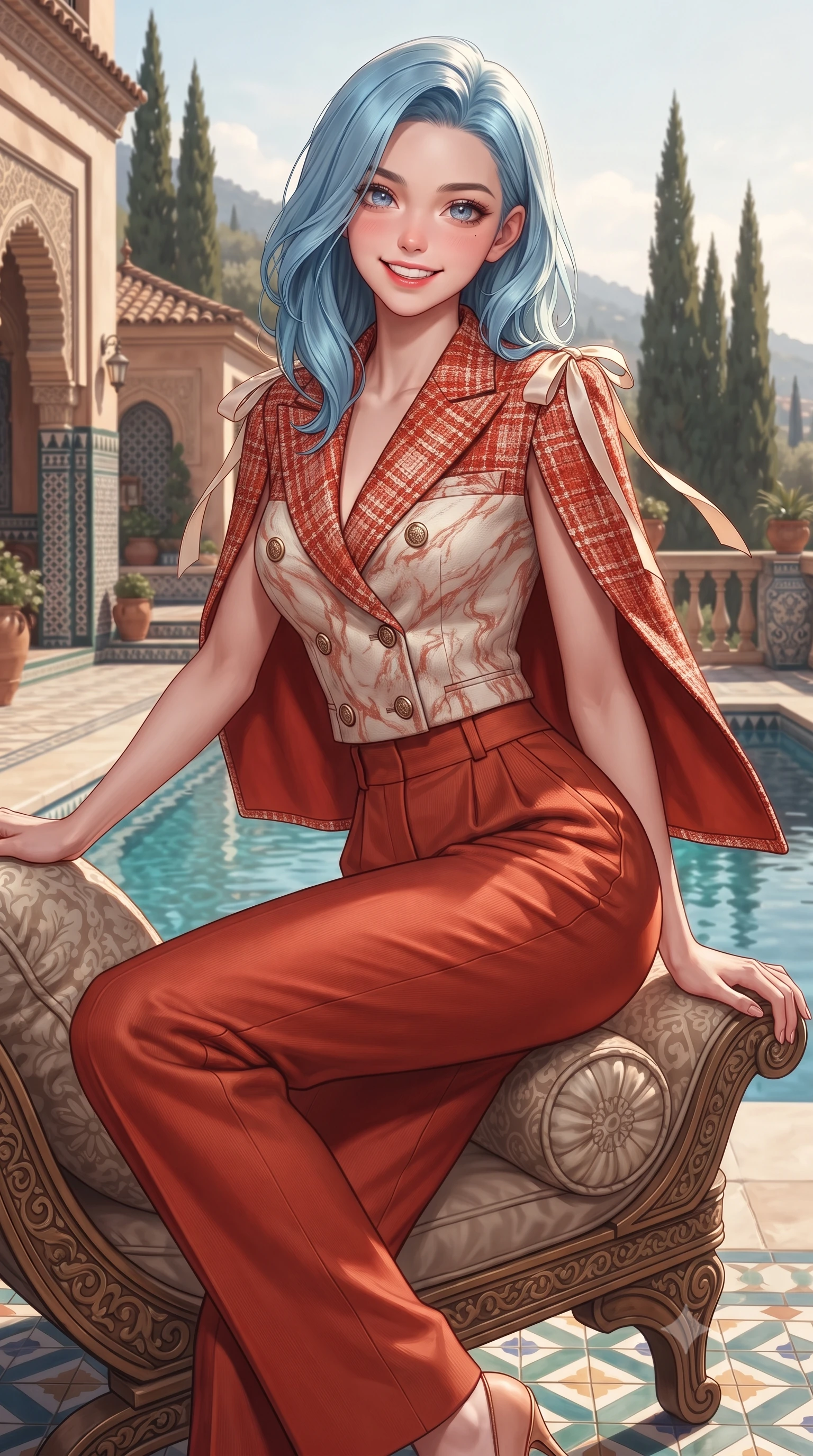 score_9, masterpiece, best quality, ultra-detailed, high-budget anime keyframe, editorial fashion photography, tasteful artistic composition, Korean woman. close-up cowboy shot from the waist and thighs up, the character dominates the composition, filling the frame with her large presence. perched sideways on the lounge seat, one knee drawn up to showcase her slender leg line while her arched back accentuates her feminine hip curve while twisting her slender torso in an alluring contrapposto stance beside the private plunge pool, cypress tree shadows tracing her narrow waist and hips. The surrounding environment is rendered in vivid detail and crisp panoramic clarity: detailed garment cut, delicate trims, and Moorish hillside estate craft in razor-sharp precision. She has an exceptionally elegant, slender, and willowy female figure with an ultra-slim waist, flat toned midriff, narrow ribcage, and sculpted feminine hips creating an alluring, slim hourglass silhouette without bulk. sharp v-shaped jawline, high-bridge nose, intricate jewel-like sparkling eyes with depth, thick eyelashes, glossy parted lips with a natural peach sheen, bright cheerful beaming smile with an enchanting and coquettish sensual glint, exuding both youthful cute charm and seductive allure, flawlessly proportioned anatomical accuracy, strict slender model proportions, natural body alignment, perfectly sculpted long slender limbs, ultra-slim waistline, clean dynamic posture without body distortion. wearing a tailored Andalusian equestrian double-breasted tweed cape blazer paired with pleated wool trousers in Cordoba vermilion red and ivory alabaster marble, crafted from bespoke double-faced cashmere with an exceptionally soft tactile finish, finished with satin ribbon ties at the shoulders fluttering in the gentle breeze, the impeccably tailored cut draping gracefully along her slender figure with aristocratic poise. illuminated by terrace ground bounce and sharp warm-gold rim lights sculpting her jawline, narrow waist, and curvy hips. ultra-reflective glossy finish, specular highlights, rich textural contrasts, high-contrast stereoscopic depth, volumetric dynamic lighting, 2k, ultra detail, master piece, 9:16 ratio