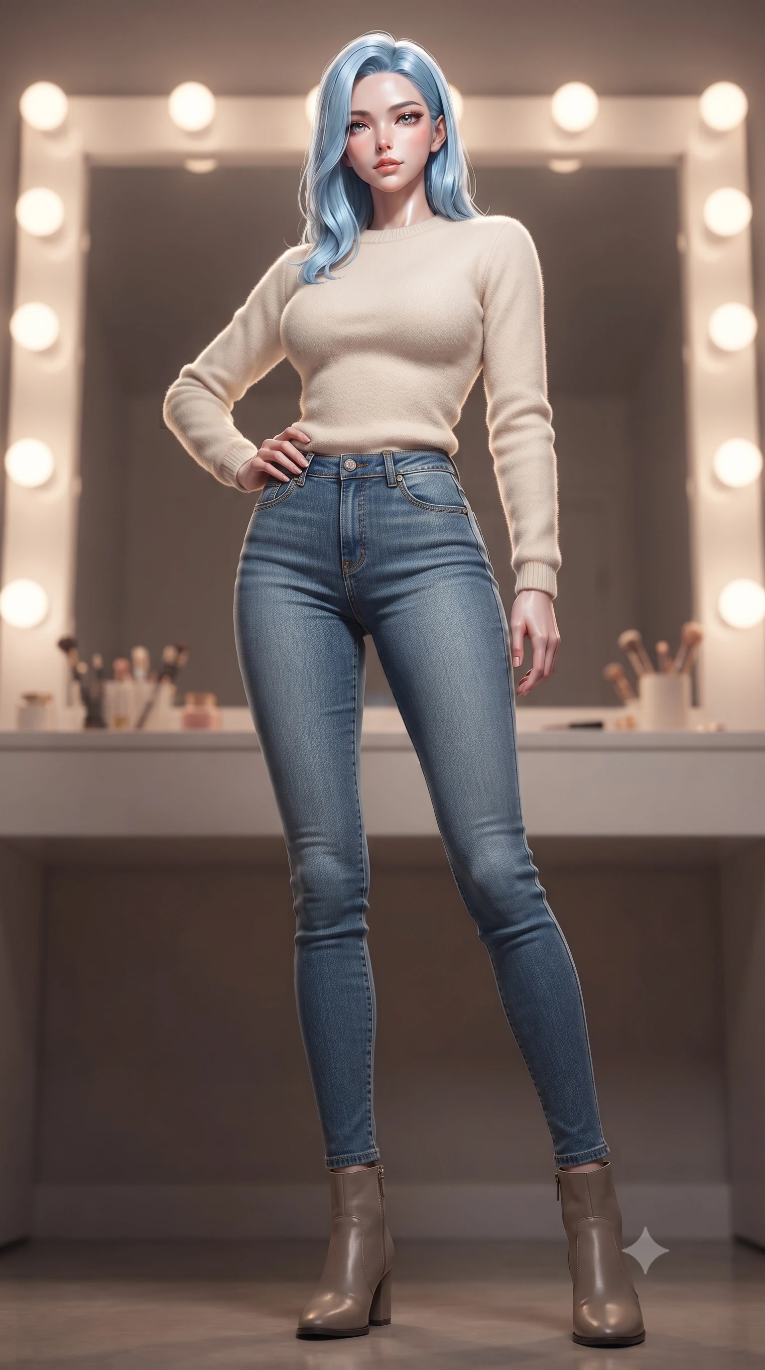 score_9, masterpiece, best quality, ultra-detailed, high-budget anime keyframe, editorial fashion photography, tasteful artistic composition, Korean woman. low angle full-body shot from head to toe showing her feet, filling the entire 9:16 vertical frame with her statuesque presence, stretching her vertical silhouette. posing confidently with one hand on her hip, stretching her statuesque body to emphasize her curves the background shows a soft-focus a private starlight dressing vanity bordered by soft warm globe bulbs. She has an absolutely perfect, statuesque 8.5-heads proportion, an exceptionally tall and slender model-like female figure with impossibly long slender legs and an ultra-slim waist. sharp v-shaped jawline, high-bridge nose, intricate jewel-like eyes with depth, thick eyelashes, glossy lips with a natural sheen. wearing a body-hugging comfortable cream fleece sweater over blue denim jeans. bright vanity spotlights casting detailed front lighting with soft back shadow. ultra-reflective glossy finish, specular highlights, metallic sheen, high-contrast stereoscopic depth, volumetric dynamic lighting, 2k, ultra detail, master piece, 9:16 ratio