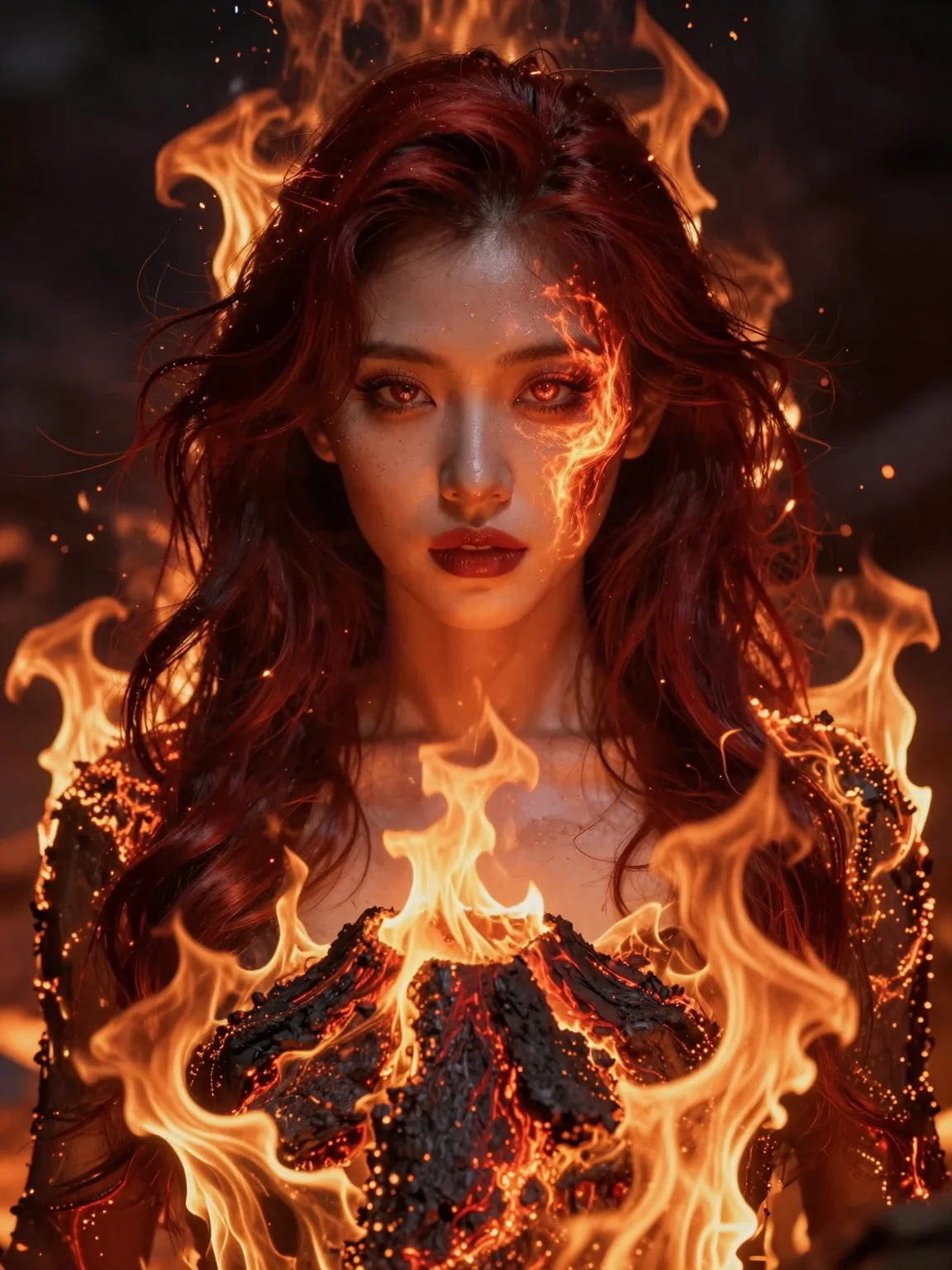 (masterpiece:1.2), best quality, fire aesthetic, (1girl:1.3), breathtaking woman, fire-red hair, gown of embers and flames, (face as center of volcanic glow:1.1), dramatic lighting, 2k, ultra detail, 3:4 ratio