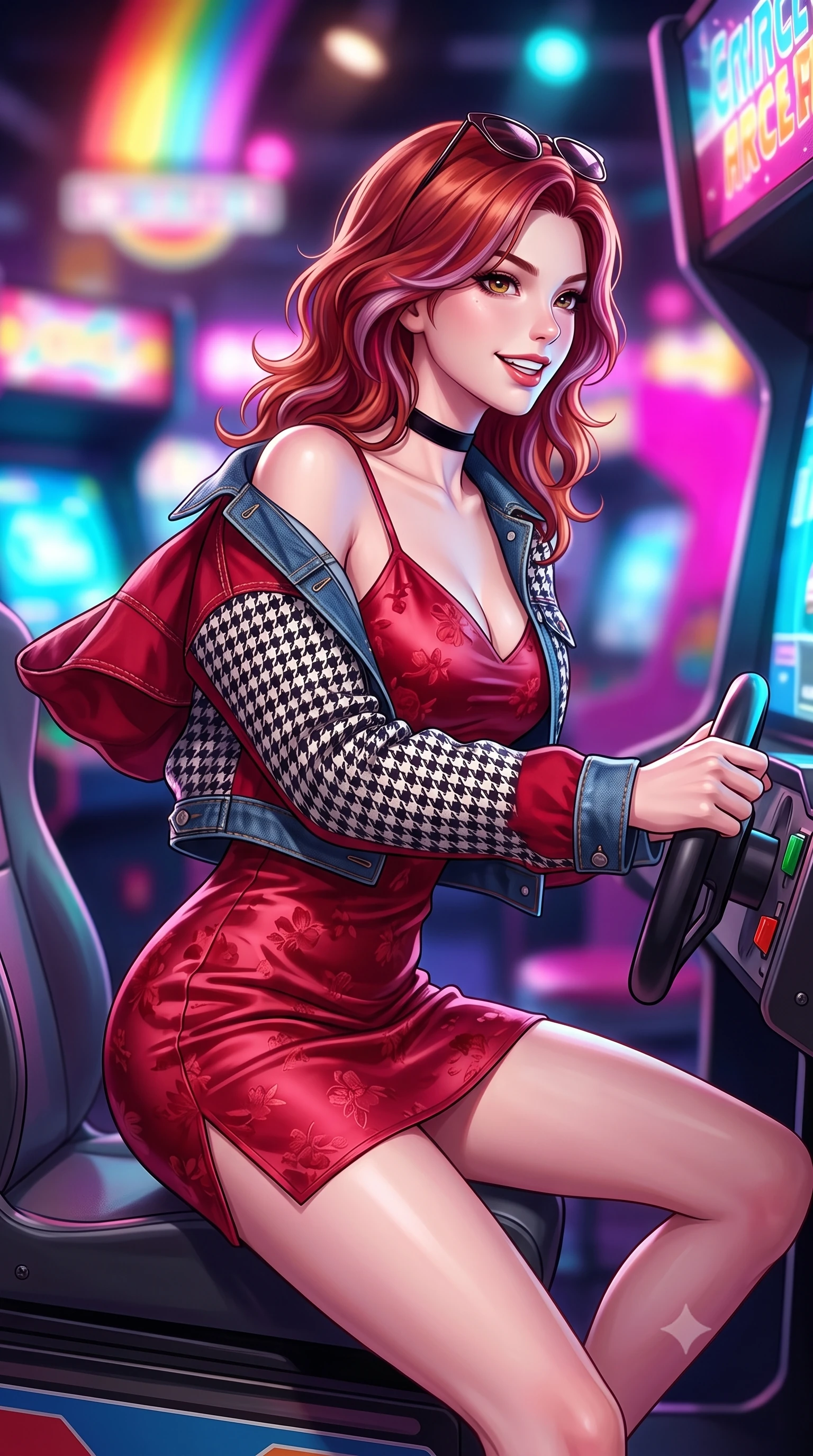 score_9, masterpiece, best quality, ultra-detailed, high-budget anime keyframe, semi-realistic 3D game render, editorial fashion photography, tasteful artistic composition, Caucasian woman. close-up cowboy shot from the waist and thighs up, the character dominates the composition, filling the frame with her large presence. leaning forward with playful, captivating grace, her sculpted collarbones and slender neckline highlighted by directional light while sitting on a coin-op racing game seat with steering wheel in hand, looking over her shoulder with an energetic, competitive grin. The composition keeps background elements in soft focus with creamy bokeh. flashing CRT arcade screens and glowing marquee game titles blurred into radiant rainbow, electric pink, and cyan bokeh. She has an exceptionally elegant, slender, and willowy female figure with an ultra-slim waist, a gracefully sculpted slender torso, toned flat midriff, and a refined slim silhouette. sharp v-shaped jawline, high-bridge nose, intricate jewel-like eyes with depth, thick eyelashes, glossy lips with a natural sheen, captivating and magnetic expression, flawlessly proportioned anatomical accuracy, strict slender model proportions, natural body alignment, perfectly sculpted long slender limbs, ultra-slim waistline, clean dynamic posture without body distortion. wearing a romantic 90s silk satin slip dress layered under an unbuttoned vintage oversized denim jacket in classic monochrome houndstooth and cherry red, crafted from liquid-smooth silk satin with subtle floral jacquard, finished with a delicate black velvet ribbon choker and vintage sunglasses, the glove-like aerodynamic second-skin fit tightly clinging to her ultra-slender waist and athletic curves without adding bulk, accentuating her razor-sharp statuesque lines and slim hourglass silhouette. surrounded by a playful, energetic, and delightfully charming 80s arcade sweetheart aura. highly saturated vibrant anime colors, detailed shading with soft gradients, rich glossy textures, high-contrast stereoscopic depth, volumetric dynamic lighting, master piece, 9:16 ratio