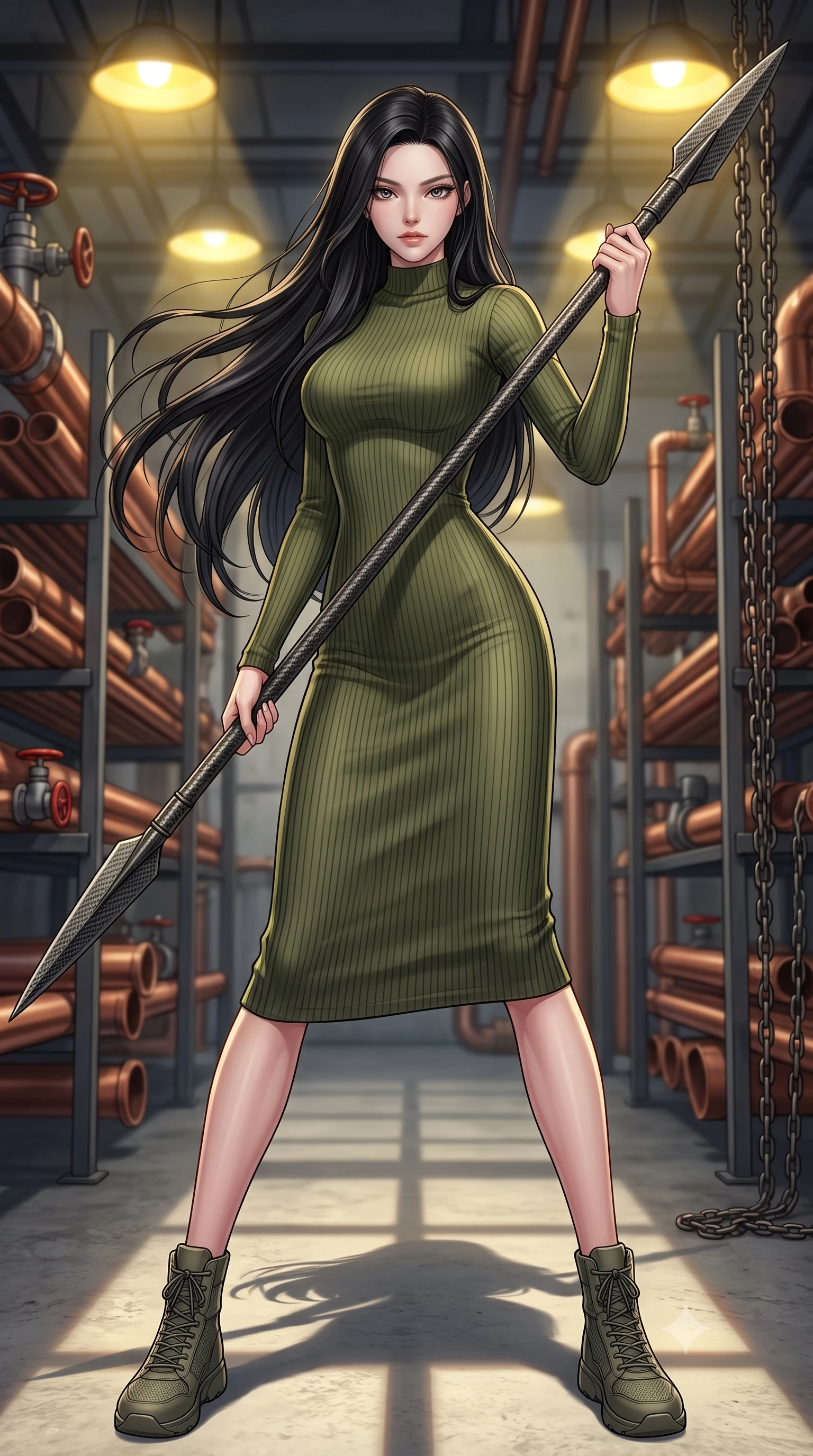 score_9, masterpiece, best quality, ultra-detailed, high-budget anime keyframe, editorial fashion photography, tasteful artistic composition, Korean woman. low angle full-body shot from head to toe showing her feet, filling the entire 9:16 vertical frame with her statuesque presence, stretching her vertical silhouette. standing in a dynamic combat stance with a carbon-fiber spear held diagonally, stretching her statuesque body, the background shows a soft-focus a copper pipe warehouse with racks of industrial valves and iron chains. She has an absolutely perfect, statuesque 8.5-heads proportion, an exceptionally tall and slender model-like female figure with impossibly long slender legs and an ultra-slim waist. sharp v-shaped jawline, high-bridge nose, intricate jewel-like eyes with depth, thick eyelashes, glossy lips with a natural sheen. wearing a form-contouring body-hugging ribbed carbon-fiber knit bodycon midi dress in olive green, featuring a snug mock-neck. harsh yellow overhead lamps casting long structured frame shadows on the floor. highly saturated vibrant anime colors, detailed shading with soft gradients, rich glossy textures, high-contrast stereoscopic depth, volumetric dynamic lighting, master piece, 9:16 ratio