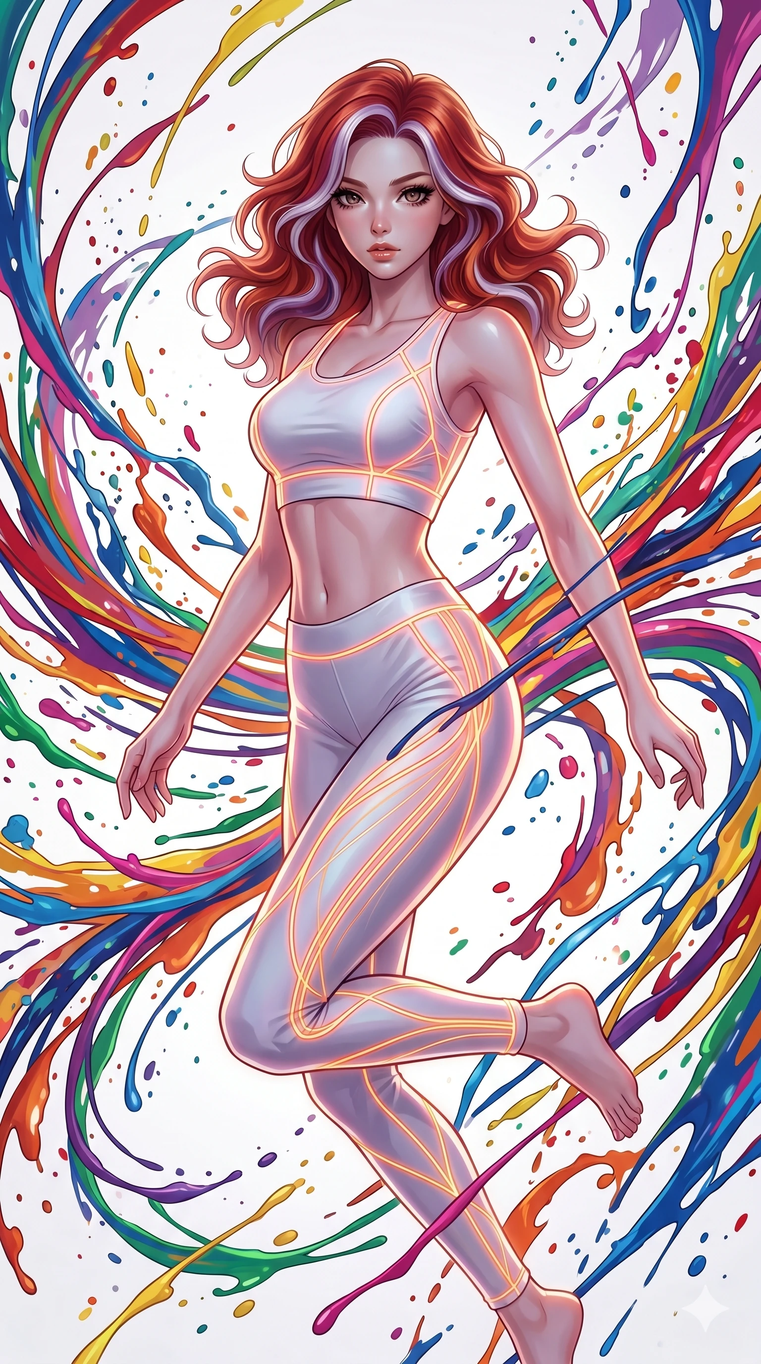 score_9, masterpiece, best quality, ultra-detailed, high-budget anime keyframe, Korean woman. upper body close-up from the thighs up, character filling the screen for maximum presence. leaping into a vorticist paint splatter dimension where thousands of vivid acrylic paint ribbons and splatters swirl around her in a white gallery void. She has an absolutely perfect 8-heads proportion, an exceptionally tall and slender female figure with impossibly long slender legs and an ultra-slim waist. V-shaped jawline, high-bridge nose, intricate jewel-like eyes with depth, thick eyelashes, glossy lips with a natural sheen.. wearing a neon filament athleisure set, featuring a tight white crop top and matching leggings woven with glowing orange neon filaments, highlighting her slender body contour. lit by a soft glowing ambient light and a sharp side key light that traces the sleek contours of her athletic build. 2k, ultra detail, master piece, 9:16 ratio