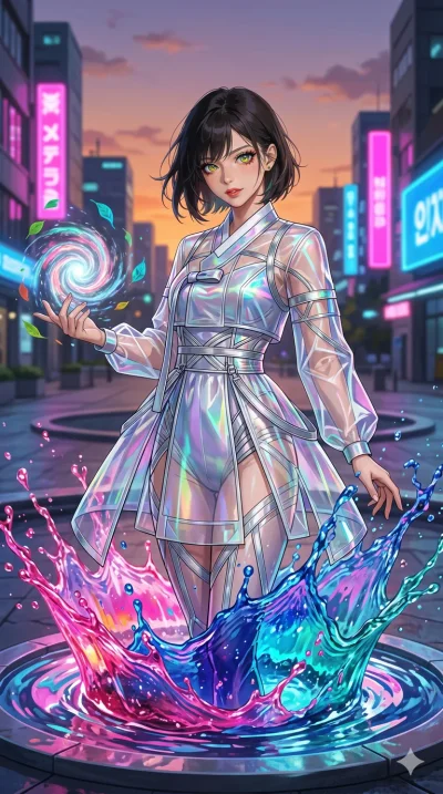 첨부의 캐릭터 얼굴만 유지해, score_9, masterpiece, best quality, ultra-detailed, Set A: Photorealistic 8k CG, Japanese woman. Upper body close-up from the thighs up, character filling the screen for maximum presence. Standing in a fountain of colorful liquid in 