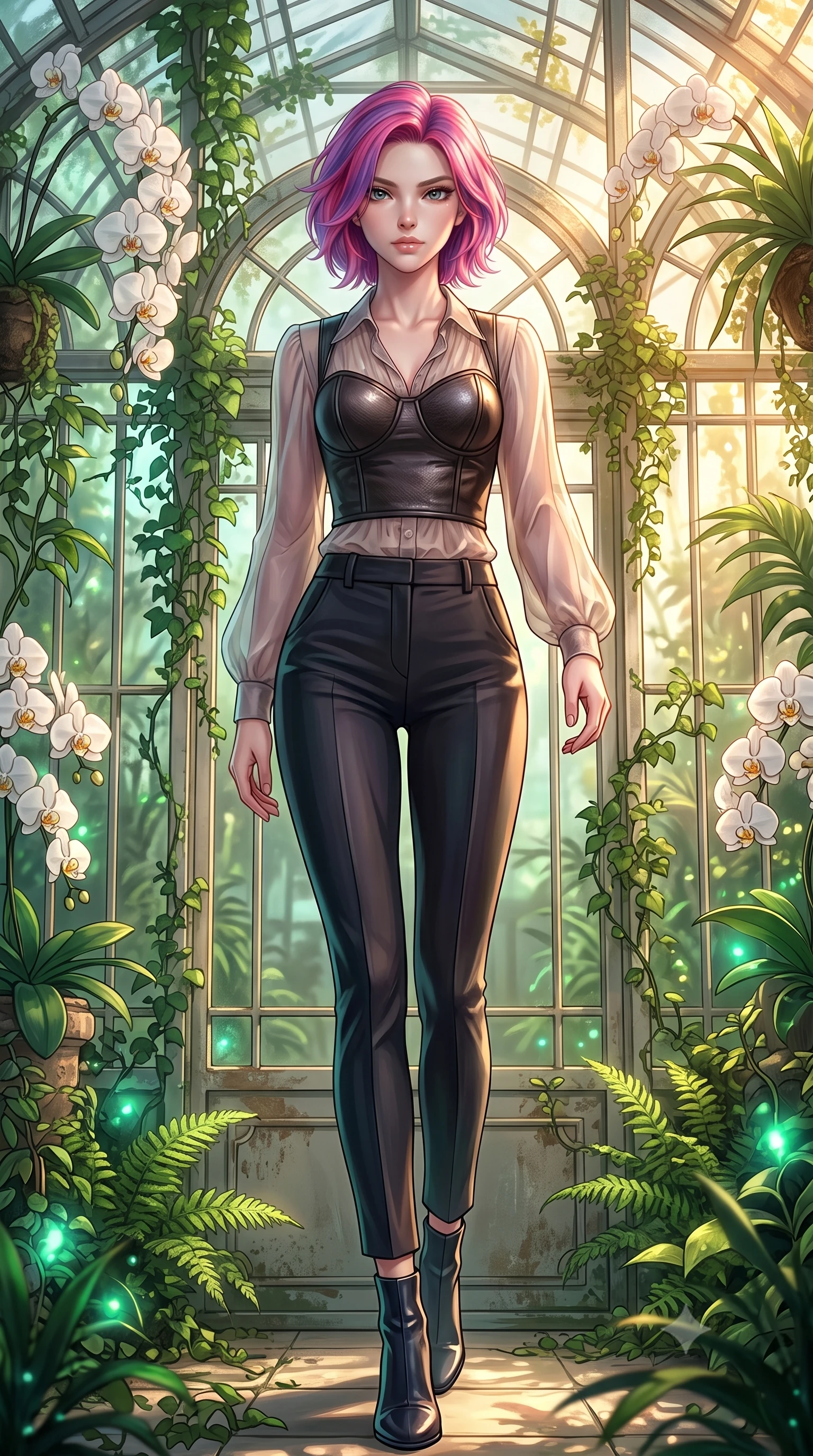 score_9, masterpiece, best quality, ultra-detailed, high-budget anime keyframe, editorial fashion photography, tasteful artistic composition, Caucasian woman. low angle full-body shot from head to toe showing her feet, filling the entire 9:16 vertical frame with her statuesque presence, stretching her vertical silhouette. stepping forward with proud posture, filling the vertical frame with her magnetic presence forging through an overgrown greenhouse filled with platinum wire lattices, lush green vines and white orchids framing the bright architectural backdrop. She has an absolutely perfect, statuesque 8.5-heads proportion, an exceptionally tall and slender model-like female figure with impossibly long slender legs and an ultra-slim waist. sharp v-shaped jawline, high-bridge nose, intricate jewel-like eyes with depth, thick eyelashes, glossy lips with a natural sheen. wearing a tailored leather bustier over a sheer silk chiffon blouse with tailored slacks, the tailored fabric tightly following every curve of her athletic build. bathed in warm golden sunlight and soft emerald bioluminescent glow. highly saturated vibrant anime colors, detailed shading with soft gradients, rich glossy textures, high-contrast stereoscopic depth, volumetric dynamic lighting, master piece, 9:16 ratio