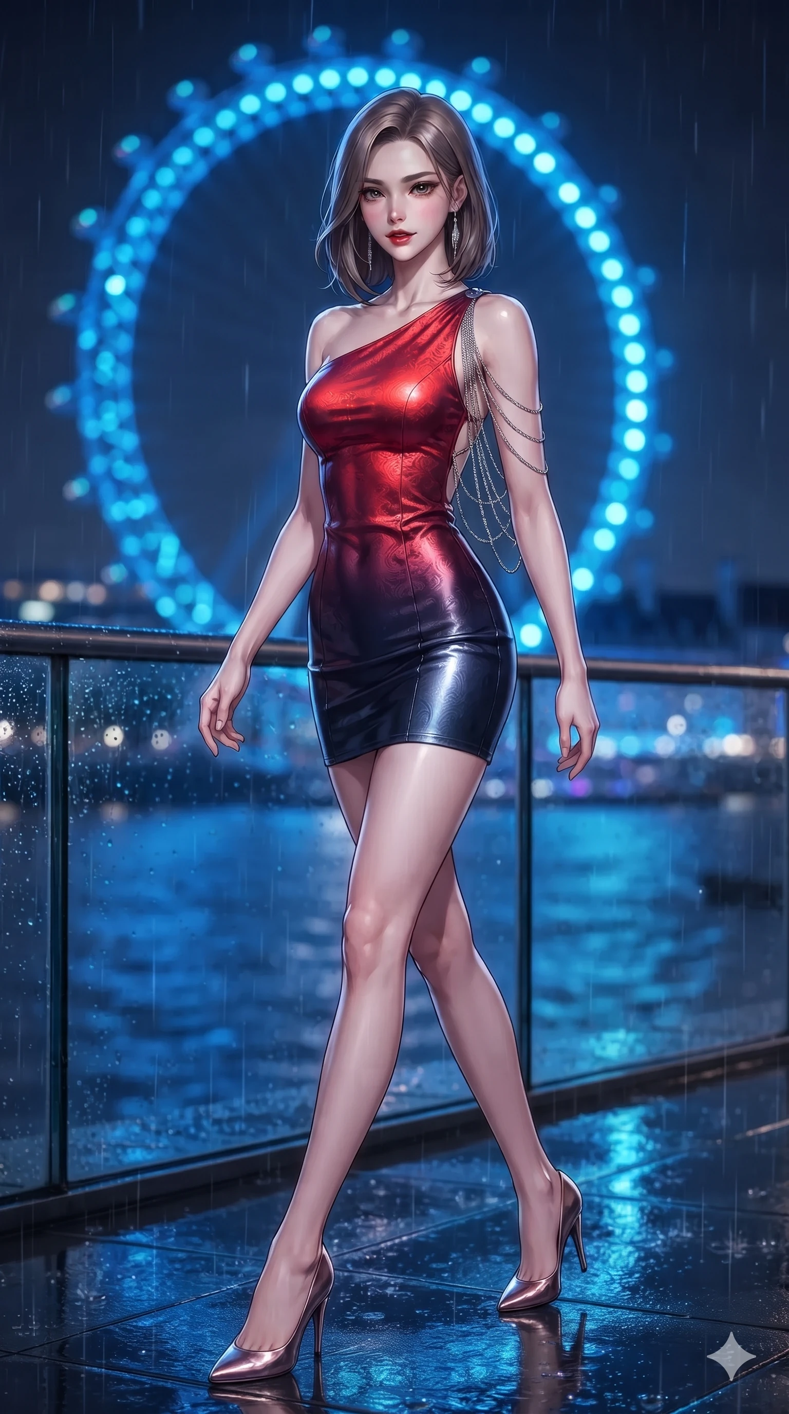score_9, masterpiece, best quality, ultra-detailed, high-budget anime keyframe, editorial fashion photography, tasteful artistic composition, Korean woman. low angle full-body shot from head to toe showing her feet, filling the entire 9:16 vertical frame with her statuesque presence, stretching her vertical silhouette. striding across the rain-swept glass terrace, nocturnal breezes whipping her garments open to accentuate her long slender legs and curvy hips while walking along the illuminated riverwalk with hypnotic grace, hips swaying in an alluring sensual rhythm that accentuates her curvy silhouette. The background shows a soft-focus the giant circular geometry of the London Eye glowing in electric cobalt, passenger capsules, and South Bank lights blurred into azure, cyan, and sapphire bokeh. She has an exceptionally tall and slender model-like 8.5-heads proportion, an ultra-slim waist, a flat toned midriff, narrow delicate ribcage, and beautifully sculpted feminine hips creating a graceful, slim hourglass silhouette without any bulky heaviness, with impossibly long slender legs. sharp v-shaped jawline, high-bridge nose, intricate jewel-like dark sparkling eyes with dangerous depth, thick curled eyelashes, glossy parted lips with a rich wine sheen, smoldering seductive half-smile with bedroom-eyes, exuding effortless superiority and intoxicating dark allure, flawlessly proportioned anatomical accuracy, strict slender model proportions, natural body alignment, perfectly sculpted long slender limbs, ultra-slim waistline, clean dynamic posture without body distortion. wearing an asymmetric one-shoulder liquid mercury metallic mini dress hugging her narrow waist and curvy hips in Tokyo Tower scarlet crimson and midnight indigo, tailored from rich silk jacquard with subtle embossed baroque patterns, accented with an open-back drape framed by falling strands of delicate chrome chains, the impeccably tailored cut draping gracefully along her slender figure with aristocratic noir poise. bathed in brilliant electric cobalt and cyan LED illuminations reflecting off the dark river water. ultra-reflective glossy finish, specular highlights, rich textural contrasts, high-contrast stereoscopic depth, volumetric dynamic lighting, 2k, ultra detail, master piece, 9:16 ratio