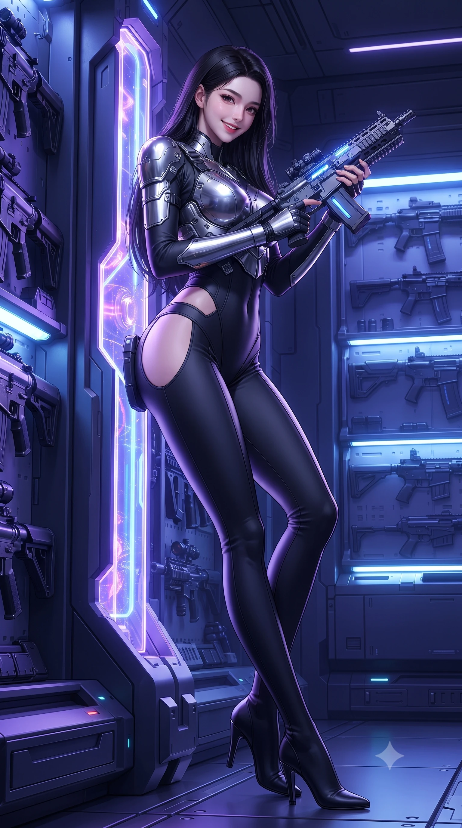 score_9, masterpiece, best quality, ultra-detailed, high-budget anime keyframe, editorial fashion photography, tasteful artistic composition, Korean woman. low angle full-body shot from head to toe showing her feet, filling the entire 9:16 vertical frame with her statuesque presence, stretching her vertical silhouette. leaning deep against the glowing energy conduit with hips cocked back in an unapologetically alluring high-fashion stance, flashing a warm beaming smile while standing poised between rows of glowing magnetic weapon racks, arching her back with dangerous seductive poise while inspecting an energy rifle. The surrounding environment is rendered in vivid detail and crisp panoramic clarity: detailed tactical harness weave, weapon metallic sheen, and high-tech military armory architecture in high clarity. She has an absolutely perfect, statuesque 8.5-heads proportion, an exceptionally tall and slender model-like female figure with impossibly long slender legs, an ultra-slim waist, a flat toned midriff, narrow delicate ribcage, and beautifully sculpted feminine hips creating a graceful, slim hourglass silhouette without any bulky heaviness. sharp v-shaped jawline, high-bridge nose, intricate jewel-like sparkling eyes with depth, thick eyelashes, glossy parted lips with a natural sheen, bright confident smile with an enchanting and coquettish sensual glint, exuding both youthful magnetic charm and sovereign high-tech allure, flawlessly proportioned anatomical accuracy, strict slender model proportions, natural body alignment, perfectly sculpted long slender limbs, ultra-slim waistline, clean dynamic posture without body distortion. wearing a sculpted titanium-alloy breastplate bodice worn over an ultra-tight matte stretch bodysuit with side hip cutouts in liquid chrome silver and pitch black, tailored from brushed aeronautical titanium alloy with matte satin sheen, finished with polished chrome buckle hardware and modular magnetic holster clasps, the precision-cut side openings and low-back scoop framing her graceful spine and the sensual sweep of her slim, toned hips. bathed in intense violet and electric blue plasma charging glow contrasting with industrial shadows. ultra-reflective glossy finish, specular highlights, rich textural contrasts, high-contrast stereoscopic depth, volumetric dynamic lighting, 2k, ultra detail, master piece, 9:16 ratio