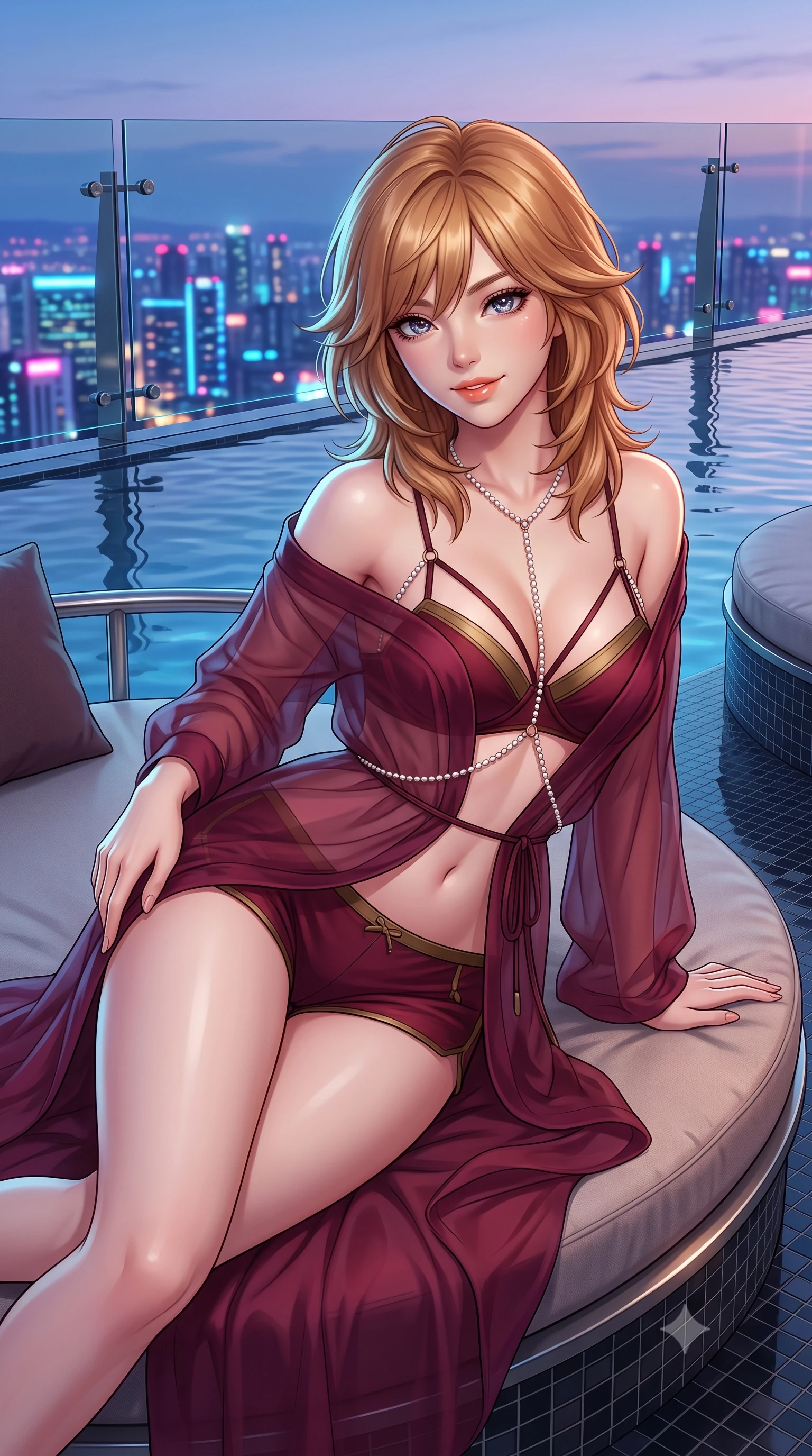 score_9, masterpiece, best quality, ultra-detailed, high-budget anime keyframe, semi-realistic 3D game render, editorial fashion photography, tasteful artistic composition, Korean woman. close-up cowboy shot from the waist and thighs up, the character dominates the composition, filling the frame with her large presence. tilting her head with a teasing half-smile, running one hand slowly down the side of her hip in a flirtatious S-curve as ambient light caresses her silhouette while lounging on the circular sunbed propped on one elbow, displaying her long slender limbs and statuesque hourglass silhouette against the neon horizon. The surrounding environment is rendered in vivid detail and crisp panoramic clarity: sharp glass cantilever joint bolts, polished stainless steel coping edges, and dark mosaic tile surfaces in deep focus. She has an exceptionally elegant, slender, and willowy female figure with an ultra-slim waist, flat toned midriff, narrow ribcage, and sculpted feminine hips creating an alluring, slim hourglass silhouette without bulk. sharp v-shaped jawline, high-bridge nose, intricate jewel-like sparkling eyes with depth, thick eyelashes, glossy parted lips with a natural peach sheen, bright cheerful beaming smile with an enchanting and coquettish sensual glint, exuding both youthful cute charm and seductive allure, flawlessly proportioned anatomical accuracy, strict slender model proportions, natural body alignment, perfectly sculpted long slender limbs, ultra-slim waistline, clean dynamic posture without body distortion. wearing an ethereal translucent silk chiffon yukata robe slipping off bare shoulders over a strappy underwire bralette and micro-shorts in French boudoir bordeaux wine and antique brass, made of sheer gossamer chiffon that drapes softly against skin with airy translucence, accented with a pearl-drop body harness subtly framing her dewy collarbones and spine, the glove-like clinging cut tightly following the natural contour of her hips and long slender legs with youthful 8.5-heads elegance. illuminated by water surface reflection bounce and sharp platinum-cyan rim lights defining her dewy collarbones, ultra-slim waist, and curvy hips. highly saturated vibrant anime colors, detailed shading with soft gradients, rich glossy textures, high-contrast stereoscopic depth, volumetric dynamic lighting, master piece, 9:16 ratio