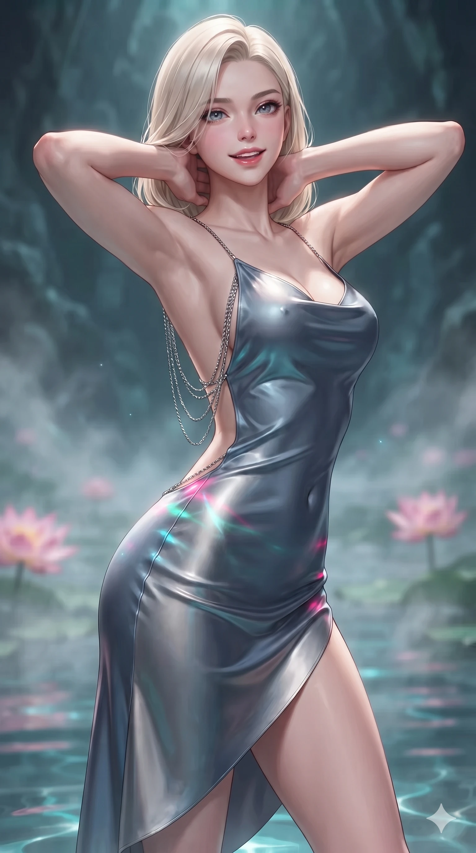 score_9, masterpiece, best quality, ultra-detailed, high-budget anime keyframe, editorial fashion photography, tasteful artistic composition, Caucasian woman. close-up cowboy shot from the waist and thighs up, the character dominates the composition, filling the frame with her large presence. resting both hands lightly behind her neck with elbows raised, arching her spine to highlight her narrow waist, flat midriff, and breathtaking collarbones while twisting her slender torso in an alluring contrapposto stance, fluorescent turquoise water currents and pink lotus glows playing across her narrow waist and curvy hips. The background shows a soft-focus gentle rising mineral cavern mist softened in subterranean lotus sanctuary shallow focus. She has an exceptionally elegant, slender, and willowy female figure with an ultra-slim waist, flat toned midriff, narrow ribcage, and sculpted feminine hips creating an alluring, slim hourglass silhouette without bulk. sharp v-shaped jawline, high-bridge nose, intricate jewel-like sparkling eyes with depth, thick eyelashes, glossy parted lips with a natural peach sheen, bright cheerful beaming smile with an enchanting and coquettish sensual glint, exuding both youthful cute charm and seductive allure, flawlessly proportioned anatomical accuracy, strict slender model proportions, natural body alignment, perfectly sculpted long slender limbs, ultra-slim waistline, clean dynamic posture without body distortion. wearing a sculpted liquid satin bias-cut slip dress tailored with contouring seams that adhere flawlessly over her curves in slate blue and metallic silver, made of fluid liquid jersey with seamless sculpting hold and smooth contours, accented with an open-back drape framed by falling strands of delicate chrome chains, the second-skin tailored fabric adhering flawlessly to her sculpted flat midriff and slender torso, emphasizing her long leg lines and perfectly proportioned willowy build. illuminated by water caustics bounce and sharp aquamarine-pink rim lights defining her razor-sharp jawline, narrow waist, and curvy hips. ultra-reflective glossy finish, specular highlights, rich textural contrasts, high-contrast stereoscopic depth, volumetric dynamic lighting, 2k, ultra detail, master piece, 9:16 ratio