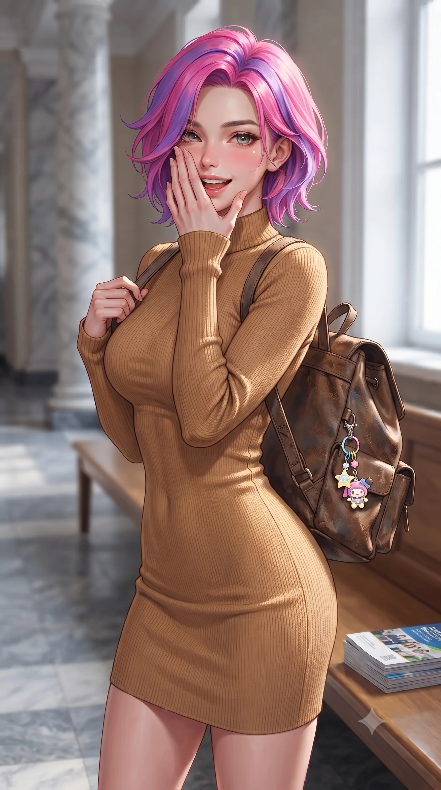 score_9, masterpiece, best quality, ultra-detailed, high-budget anime keyframe, editorial fashion photography, tasteful artistic composition, Caucasian woman. close-up cowboy shot from the waist and thighs up, the character dominates the composition, filling the frame with her large presence, background elements kept in soft focus. giggling cutely behind her hand, her eyes sparkling with joy and bright energy set against a soft-focus background of inside a spacious university auditorium hallway with marble columns and wooden benches with a pile of student brochures and a cute key ring on her backpack. She has an exceptionally elegant, slender, and willowy female figure with an ultra-slim waist, a gracefully sculpted slender torso, and a refined silhouette. sharp v-shaped jawline, high-bridge nose, intricate jewel-like eyes with depth, thick eyelashes, glossy lips with a natural sheen. wearing body-hugging sleek, body-hugging long-sleeve knit dress in camel, outlining her slender silhouette. cool morning sunlight creating a fresh, energetic ambiance. highly saturated vibrant anime colors, detailed shading with soft gradients, rich glossy textures, high-contrast stereoscopic depth, volumetric dynamic lighting, master piece, 9:16 ratio