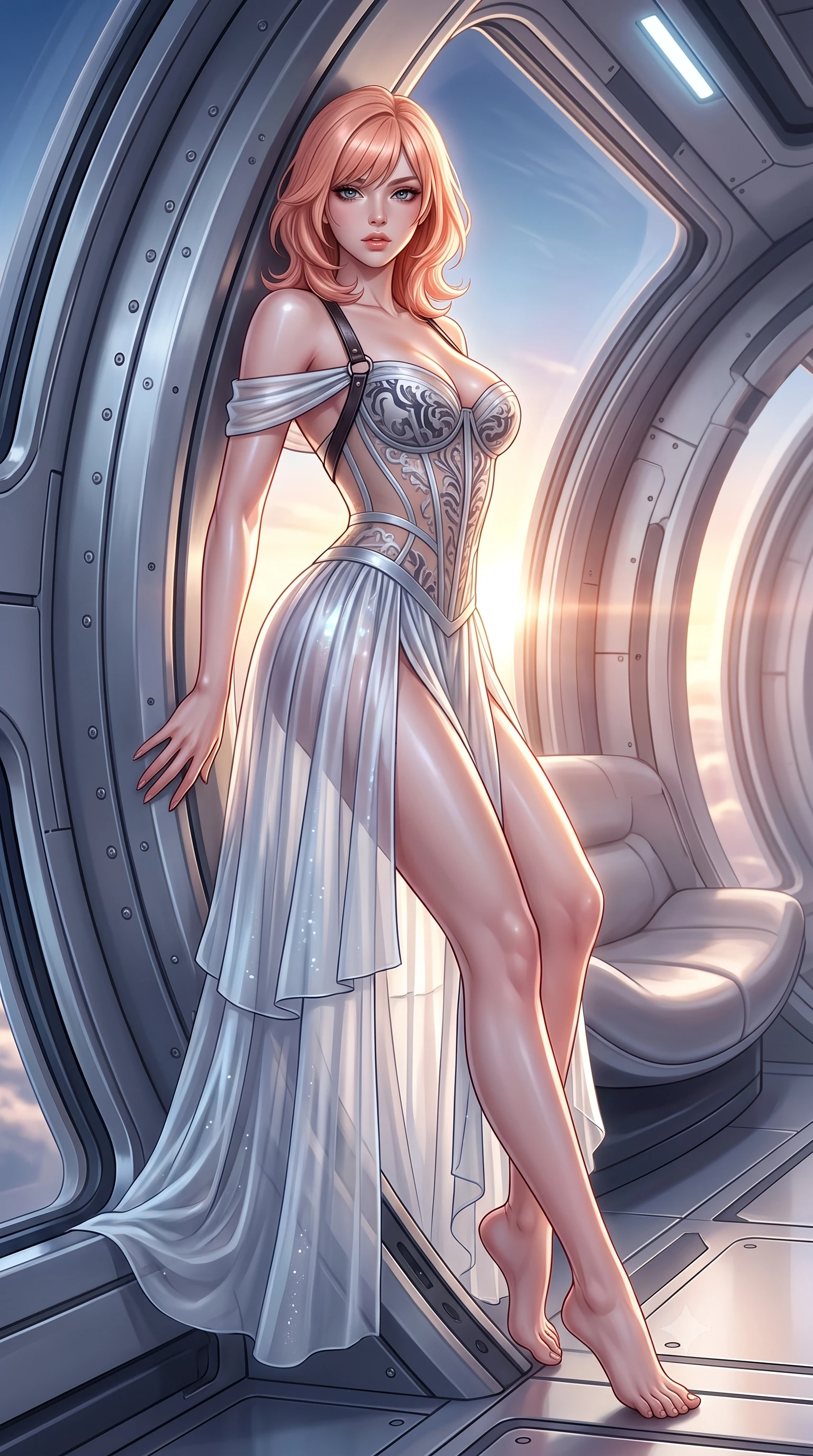 score_9, masterpiece, best quality, ultra-detailed, high-budget anime keyframe, semi-realistic 3D game render, editorial fashion photography, tasteful artistic composition, Japanese woman. low angle full-body shot from head to toe showing her feet, filling the entire 9:16 vertical frame with her statuesque presence, stretching her vertical silhouette. leaning deep against the structural architecture with hips cocked in an unapologetically bold, seductive high-fashion stance while floating weightlessly beside an architectural titanium lounge ring, arching her spine in a fluid, dancer-like line as orbital sunrise floods her silhouette. The surrounding environment is rendered in vivid detail and crisp panoramic clarity. sharp curved station viewport frames, titanium bulkhead rivets, and magnetic deck seams in deep focus. She has an exceptionally tall and slender model-like 8.5-heads proportion, an ultra-slim waist, a flat toned midriff, narrow delicate ribcage, and beautifully sculpted feminine hips creating a graceful, slim hourglass silhouette without any bulky heaviness, with impossibly long slender legs. sharp v-shaped jawline, high-bridge nose, intricate jewel-like eyes with depth, thick eyelashes, glossy parted lips with a natural sheen, intensely captivating and seductive bedroom-eyes expression, flawlessly proportioned anatomical accuracy, strict slender model proportions, natural body alignment, perfectly sculpted long slender limbs, ultra-slim waistline, clean dynamic posture without body distortion. wearing an off-shoulder French court corset bodice dress paired with a tiered translucent chiffon slit skirt in liquid starlight silver and arctic glacier white, made of sheer contouring power-mesh with velvet flocking patterns, featuring an open-back criss-cross harness strap in dark leather, the second-skin form-contouring cut accentuating her sculpted flat midriff, narrow delicate ribcage, and gracefully curvy hips with supermodel precision. illuminated by sleek metallic specular reflections sharply defining her bare collarbones, ultra-slim waist, and curvy hips. highly saturated vibrant anime colors, detailed shading with soft gradients, rich glossy textures, high-contrast stereoscopic depth, volumetric dynamic lighting, master piece, 9:16 ratio