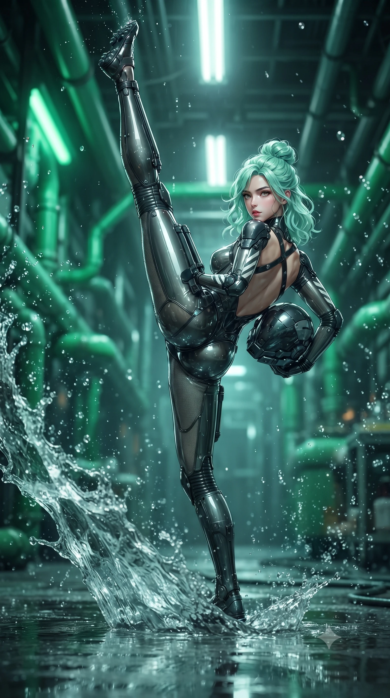 score_9, masterpiece, best quality, ultra-detailed, high-budget anime keyframe, editorial fashion photography, tasteful artistic composition, Japanese woman. low angle full-body shot from head to toe showing her feet, filling the entire 9:16 vertical frame with her statuesque presence, stretching her vertical silhouette. executing a breathtaking zero-gravity high-kick with full 180-degree vertical extension, her impossibly long slender legs dominating the frame with razor-sharp poise while sliding across the wet floor into a low sweep stance, sending a high-pressure wave of water cascading toward the camera. The composition keeps background elements in soft focus with creamy bokeh. splashing water droplets and glowing green biochemical drain pipes blurred into radiant emerald, cyan, and charcoal bokeh. She has an absolutely perfect, statuesque 8.5-heads proportion, an exceptionally tall and slender model-like female figure with impossibly long slender legs, a toned flat midriff, and an ultra-slim waist. sharp v-shaped jawline, high-bridge nose, intricate jewel-like eyes with depth, thick eyelashes, glossy lips with a natural sheen, fierce and resolute heroine expression, flawlessly proportioned anatomical accuracy, strict slender model proportions, natural body alignment, perfectly sculpted long slender limbs, ultra-slim waistline, clean dynamic posture without body distortion. holding a modular carbon battle-helmet under one arm, her flawless face and sculpted neck exposed to the rain with determined warrior focus, paired with an ultra-sleek high-gloss carbon-composite exoskeleton suit featuring kinetic shock-absorbing shin guards and flexible limb articulation joints in storm-grey carbon mesh with high-contrast white hazard stripes, crafted from semi-translucent cybernetic carbon-vinyl interwoven with glowing micro-filaments, complemented by criss-cross back harness straps highlighting her completely bare spine, the liquid-tight tailored fabric emphasizing every curve of her tall, slender model proportions and sculptured silhouette during dynamic movement. bathed in eerie emerald biochemical uplights and cold white fluorescent ceiling spotlights. ultra-reflective glossy finish, specular highlights, dark metallic sheen, high-contrast stereoscopic depth, volumetric dynamic lighting, 2k, ultra detail, master piece, 9:16 ratio