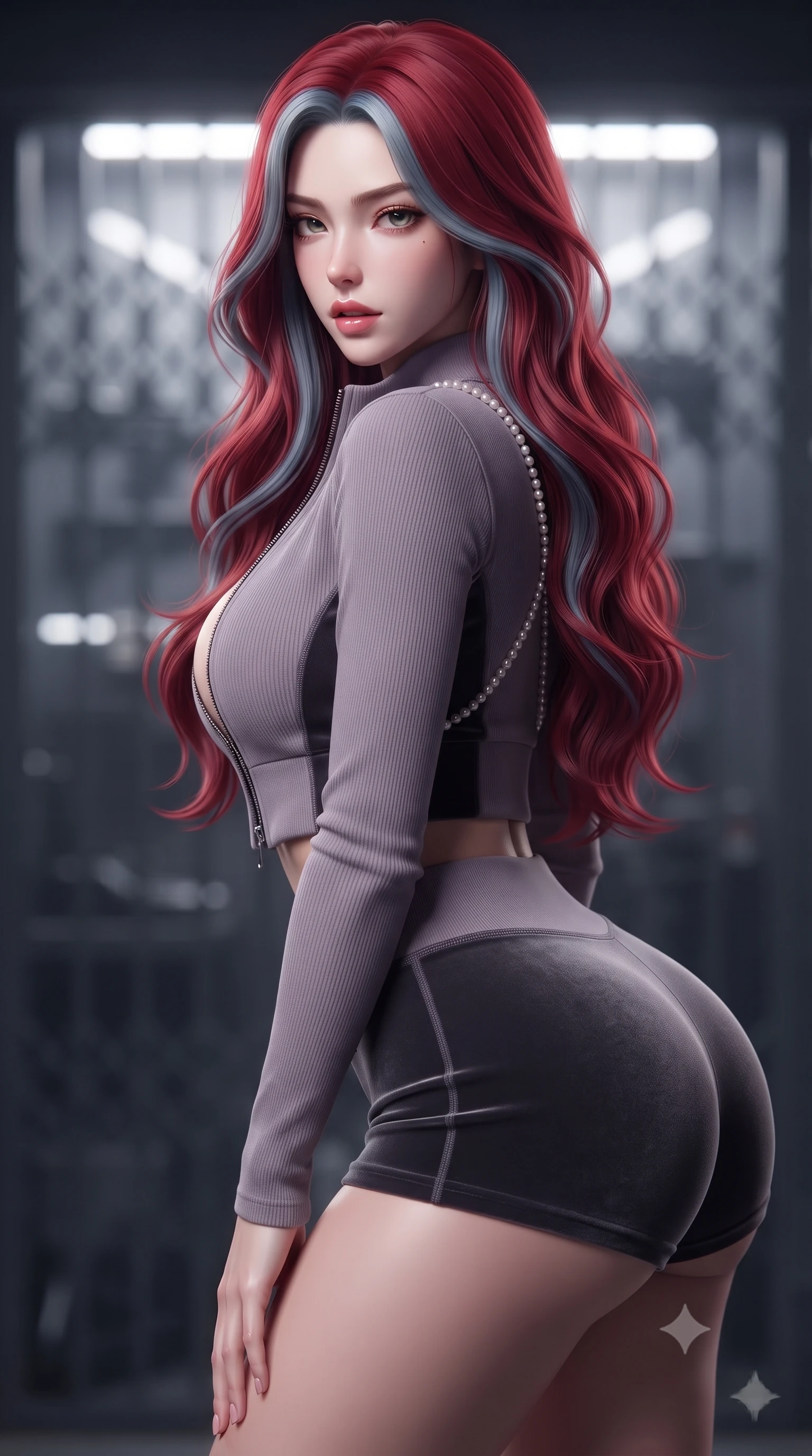 score_9, masterpiece, best quality, ultra-detailed, high-budget anime keyframe, editorial fashion photography, tasteful artistic composition, Caucasian woman. close-up cowboy shot from the waist and thighs up, the character dominates the composition, filling the frame with her large presence. leaning forward while arching her lower back to accentuate her curvy hips, looking into the camera with an intoxicating smoldering gaze and bedroom-eyes while standing poised before a wall of backlit precision hardware with hips cocked back, glancing back with an intoxicating, smoldering gaze. The background shows a soft-focus armory security grilles softened in clandestine bunker shallow focus. She has an exceptionally elegant, slender, and willowy female figure with an ultra-slim waist, flat toned midriff, narrow ribcage, and sculpted feminine hips creating an alluring, slim hourglass silhouette without bulk. sharp v-shaped jawline, high-bridge nose, sparkling eyes with hypnotic seductive depth, thick curled eyelashes, glossy parted lips with a natural dewy peach sheen, alluring bedroom-eyes with an enchanting coquettish smile, exuding magnetic siren charisma and sophisticated glamour, flawlessly proportioned anatomical accuracy, strict slender model proportions, natural body alignment, perfectly sculpted long slender limbs, ultra-slim waistline, clean dynamic posture without body distortion. wearing a modern two-piece tactical siren set featuring a zip-front bolero jacket and curve-hugging compression hot-pants in dusky lavender mist and dark charcoal velvet, tailored from fine ribbed modal knit with gentle elastic contouring and soft hand-feel, accented with a pearl-drop body harness subtly framing her dewy collarbones and spine, the form-contouring silhouette accentuating her sculpted flat midriff, narrow delicate ribcage, and gracefully curvy hips with intoxicating allure. illuminated by polished steel tabletop bounce and sharp platinum rim lights defining her razor-sharp jawline, narrow waist, and curvy hips. ultra-reflective glossy finish, specular highlights, rich textural contrasts, high-contrast stereoscopic depth, volumetric dynamic lighting, 2k, ultra detail, master piece, 9:16 ratio