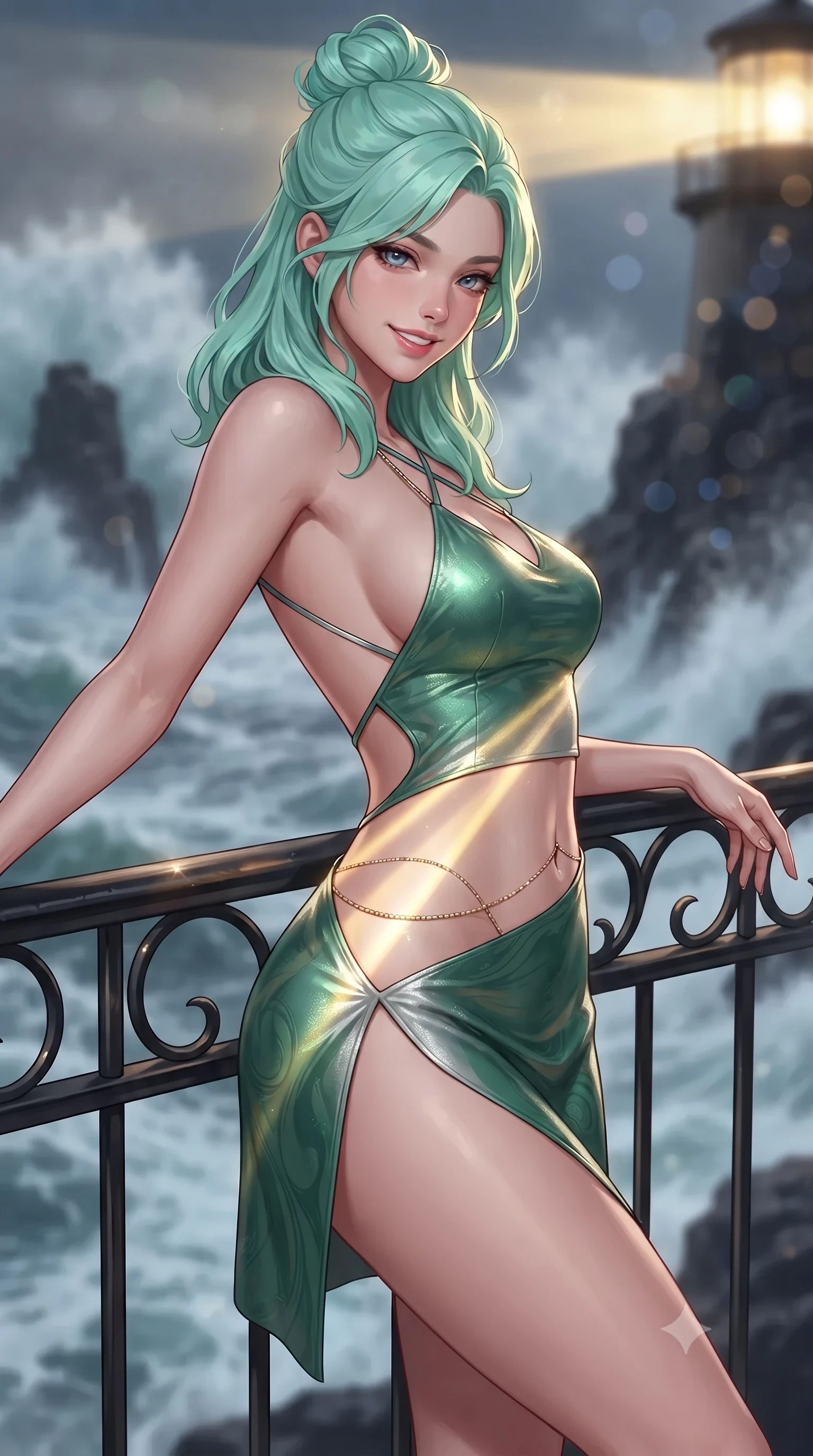 score_9, masterpiece, best quality, ultra-detailed, high-budget anime keyframe, editorial fashion photography, tasteful artistic composition, Japanese woman. close-up cowboy shot from the waist and thighs up, the character dominates the composition, filling the frame with her large presence. leaning back against the balustrade with relaxed seductive grace, head tilted back slightly while casting a hypnotic, heavy-lidded gaze while twisting her slender torso in an alluring contrapposto stance, sweeping beams of the lighthouse lantern casting dramatic golden flashes across her flat midriff and hips. The background shows a soft-focus colossal storm waves crashing over dark granite sea stacks, rotating Fresnel lens light beams cutting through midnight sea spray, blurred into diamond, slate, and sapphire bokeh. She has an exceptionally elegant, slender, and willowy female figure with an ultra-slim waist, flat toned midriff, narrow ribcage, and sculpted feminine hips creating an alluring, slim hourglass silhouette without bulk. sharp v-shaped jawline, high-bridge nose, intricate jewel-like sparkling eyes with depth, thick eyelashes, glossy parted lips with a natural peach sheen, bright cheerful beaming smile with an enchanting and coquettish sensual glint, exuding both youthful cute charm and seductive allure, flawlessly proportioned anatomical accuracy, strict slender model proportions, natural body alignment, perfectly sculpted long slender limbs, ultra-slim waistline, clean dynamic posture without body distortion. wearing a backless liquid lamé mini dress with criss-cross spinal straps and daring side slit in Art Nouveau malachite green and antique starlight silver, woven from buttery-soft stretch lambskin leather adhering to her body like a second skin, accented with a dainty gold belly chain resting across her flat midriff and curving hips, the high-slit wrap tailoring accentuating her ultra-slim waistline and the enchanting curve of her feminine hips with alluring seductive charm. illuminated by curved glass reflection bounce and sharp platinum-gold rim lights defining her dewy collarbones, ultra-slim waist, and curvy hips. ultra-reflective glossy finish, specular highlights, rich textural contrasts, high-contrast stereoscopic depth, volumetric dynamic lighting, 2k, ultra detail, master piece, 9:16 ratio