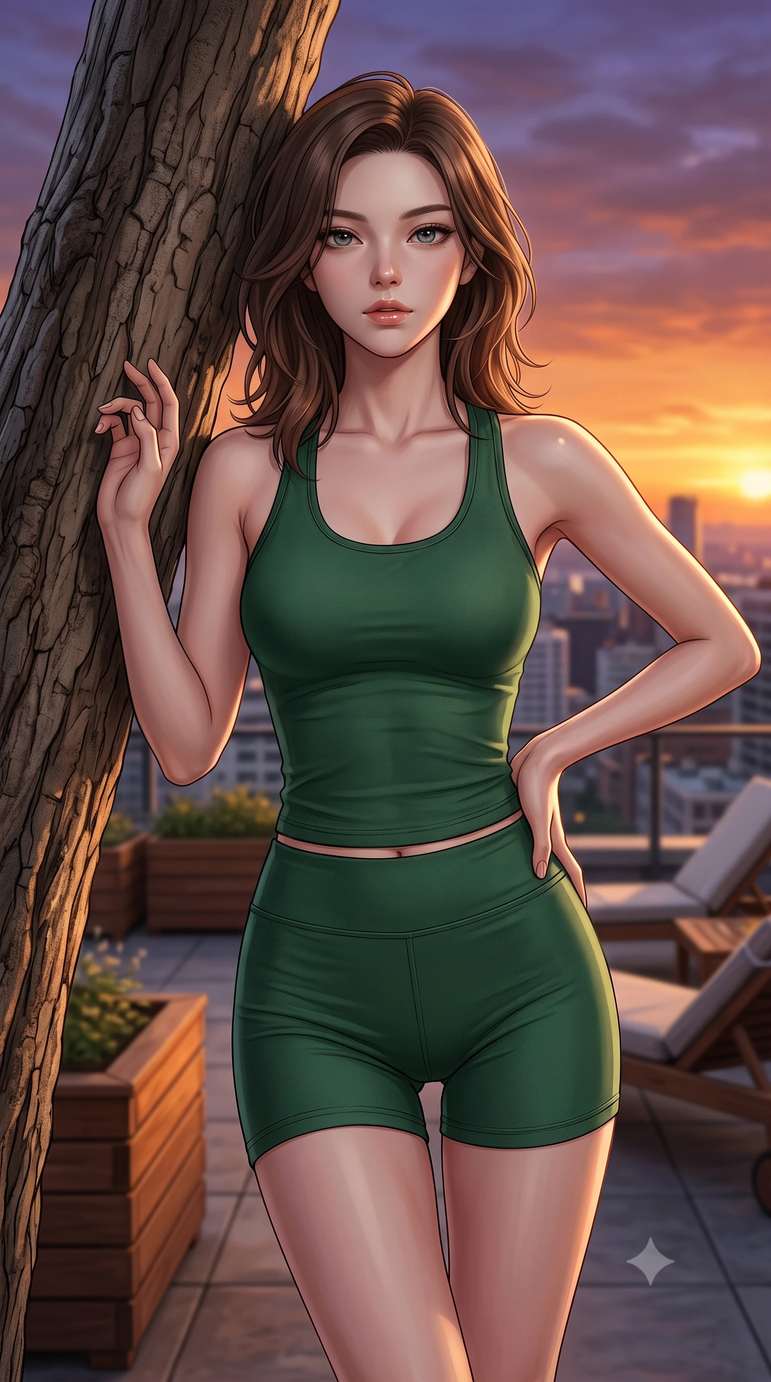 score_9, masterpiece, best quality, ultra-detailed, high-budget anime keyframe, editorial fashion photography, tasteful artistic composition, Korean woman woman. close-up cowboy shot from the waist and thighs up, the character dominates the composition, filling the frame with her large presence, background elements kept in soft focus. standing relaxed against a tree trunk, sharing a quiet, serene moment with the viewer the background shows a soft-focus a rooftop terrace filled with wooden planters, comfortable lounge chairs, and city views. She has an exceptionally elegant, slender, and willowy female figure with an ultra-slim waist, a gracefully sculpted slender torso, and a refined silhouette. sharp v-shaped jawline, high-bridge nose, intricate jewel-like eyes with depth, thick eyelashes, glossy lips with a natural sheen. wearing a body-hugging body-hugging activewear set of a tailored racerback tank top and high-waisted shorts in forest green. warm golden sunset light painting the urban sky in orange and violet. 2k, ultra detail, master piece, 9:16 ratio