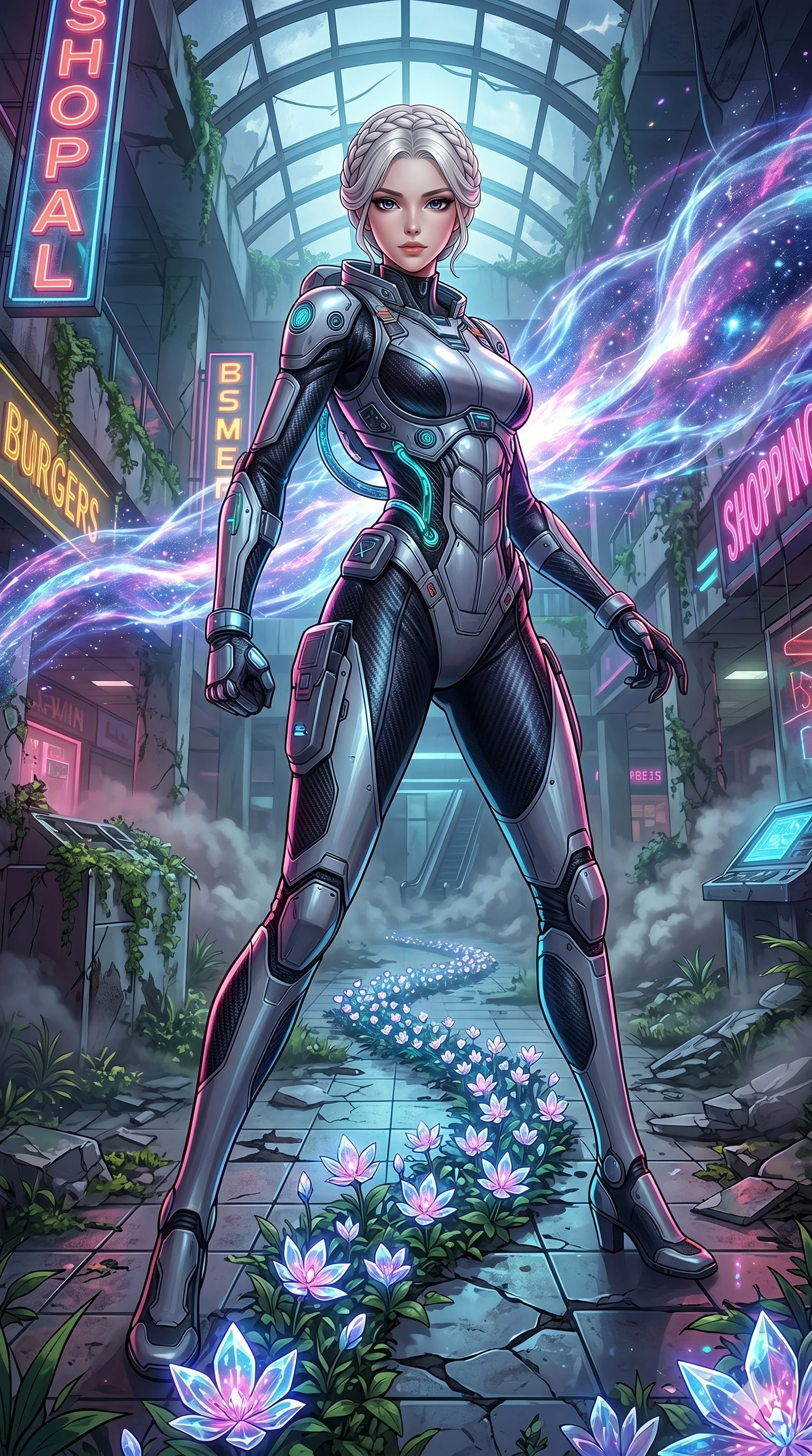 score_9, masterpiece, best quality, ultra-detailed, Set A: High-budget Anime Keyframe, Japanese woman. Low angle cowboy shot filling the entire 9:16 frame with her statuesque presence. Theme: Ethereal Dream. unleashing a massive energy wave in a ruined overgrown shopping mall, while she leaves a trail of 86 blooming crystal flowers. The atmosphere is filled with heavy smog with neon flares. She has an absolutely perfect 8-heads proportion, an exceptionally tall and slender female figure with impossibly long slender legs and an ultra-slim waist. Sharp v-shaped jawline, high-bridge nose, intricate jewel-like eyes with depth, glossy lips. Wearing Interstellar pilot suit with glowing oxygen-tubes and a sleek carbon-fiber frame. Cinematic lighting, vivid colors, dramatic shadows, 2k, ultra detail, master piece, 9:16 ratio