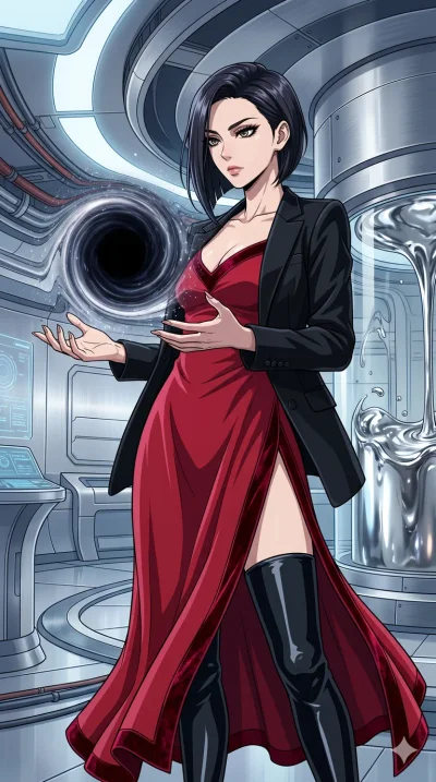 score_9, masterpiece, best quality, ultra-detailed, High-budget Anime Keyframe, beautiful Japanese anime girl. Low angle cowboy shot filling the entire 9:16 frame with her statuesque presence. Manifesting a miniature black hole in front of her that d