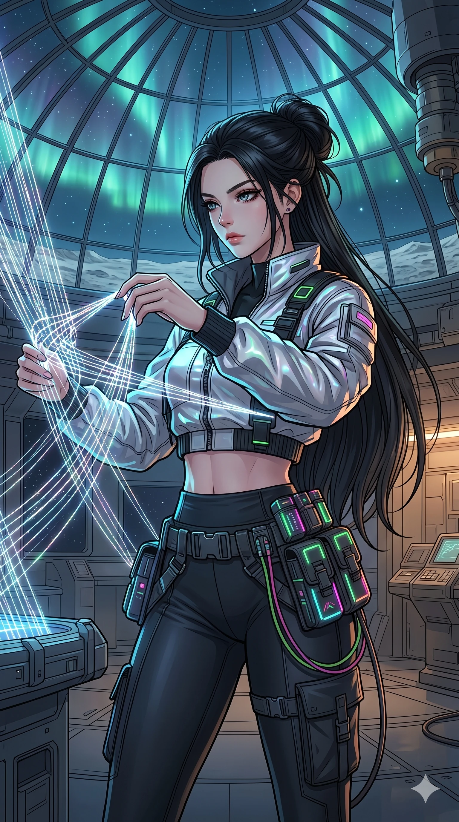 score_9, masterpiece, best quality, ultra-detailed, high-budget anime movie keyframe, cinematic anime lighting, intricate line art, Caucasian (strictly human ears) woman. Medium shot of upper body capturing the intricate details of her high-fashion attire. weaving threads of light in a lunar observatory amidst aurora borealis. She has an absolutely perfect 8-heads proportion, an exceptionally tall and slender female figure with an ultra-slim waist and impossibly long slender legs. sharp v-shaped jawline, high-bridge nose, intricate jewel-like eyes, thick eyelashes, glossy lips. Wearing modern urban tech-wear ensemble with a cropped reflective bomber jacket, ultra-slim high-waisted cargo leggings, and tactical harness with neon-lit pouches. The scene is illuminated by dramatic atmospheric lighting and vibrant color palettes. , 2k, ultra detail, master piece, 9:16 ratio