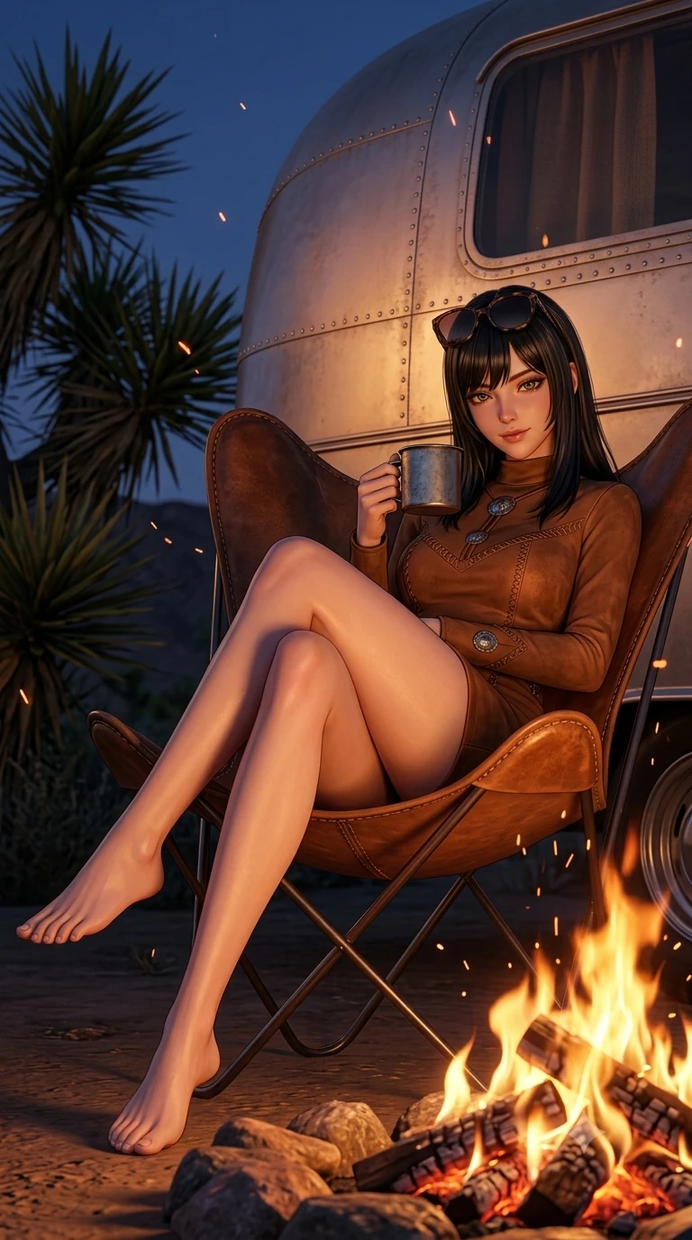 score_9, masterpiece, best quality, ultra-detailed, high-budget anime keyframe, semi-realistic 3D game render, editorial fashion photography, tasteful artistic composition, Caucasian woman. low angle full-body shot from head to toe showing her feet, filling the entire 9:16 vertical frame with her statuesque presence, stretching her vertical silhouette. reclining on her side in an elegant Cleopatra pose with one knee drawn up, the dramatic contour of her rounded hips and long slender legs commanding the 9:16 vertical frame while lounging in a vintage butterfly leather chair by the fire, holding a tin mug with effortless coquettish charm and bedroom-eyes as sparks float upward. The surrounding environment is rendered in vivid detail and crisp panoramic clarity: sharp crackling mesquite wood coals, aluminum trailer rivet seams, and spiky Joshua tree leaves in deep focus. She has an absolutely perfect, statuesque 8.5-heads proportion, an exceptionally tall and slender model-like female figure with impossibly long slender legs, an ultra-slim waist, a flat toned midriff, narrow delicate ribcage, and beautifully sculpted feminine hips creating a graceful, slim hourglass silhouette without any bulky heaviness. sharp v-shaped jawline, high-bridge nose, sparkling eyes with hypnotic seductive depth, thick curled eyelashes, glossy parted lips with a natural dewy peach sheen, alluring bedroom-eyes with an enchanting coquettish smile, exuding magnetic siren charisma and sophisticated glamour, flawlessly proportioned anatomical accuracy, strict slender model proportions, natural body alignment, perfectly sculpted long slender limbs, ultra-slim waistline, clean dynamic posture without body distortion. wearing a modest long-sleeve suede desert shift dress with high neckline and geometric leather stitching in rich cognac suede and antique silver concho hardware, tailored from second-skin technical compression neoprene with athletic curve-sculpting stretch, complemented by oversized designer tortoiseshell sunglasses resting atop her head, the bespoke structured tailoring following the natural line of her 8.5-heads silhouette with refined elegance. bathed in the warm, dancing amber 2000K glow of crackling mesquite campfire coals contrasting with the deep twilight indigo sky. highly saturated vibrant anime colors, detailed shading with soft gradients, rich glossy textures, high-contrast stereoscopic depth, volumetric dynamic lighting, master piece, 9:16 ratio
