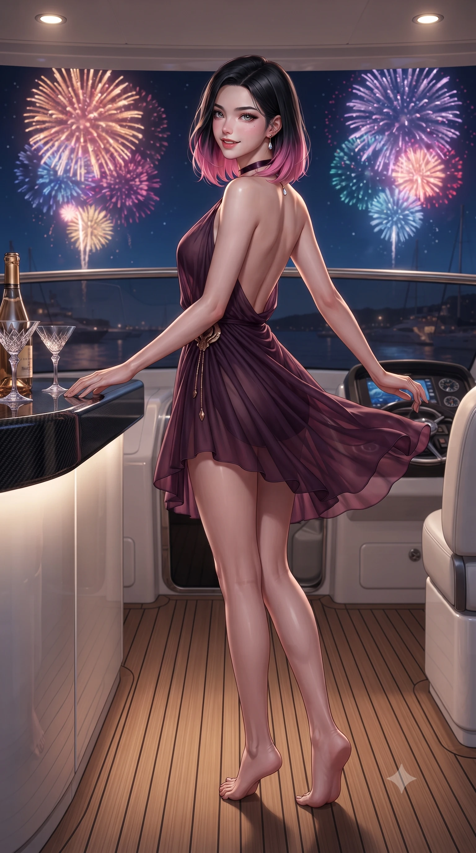 score_9, masterpiece, best quality, ultra-detailed, high-budget anime keyframe, editorial fashion photography, tasteful artistic composition, Korean woman. low angle full-body shot from head to toe showing her feet, filling the entire 9:16 vertical frame with her statuesque presence, stretching her vertical silhouette. stepping slowly toward the camera with hypnotic grace, hips swaying in an alluring sensual rhythm that accentuates her curvy hourglass silhouette and long slender legs while leaning against the flybridge windscreen with hips cocked back, looking over a bare shoulder toward colorful fireworks bursting over the harbor. The surrounding environment is rendered in vivid detail and crisp panoramic clarity: sharp carbon-fiber bar top weave, crystal cocktail glass facets, and exploding firework particle trails in deep focus. She has an absolutely perfect, statuesque 8.5-heads proportion, an exceptionally tall and slender model-like female figure with impossibly long slender legs, an ultra-slim waist, a flat toned midriff, narrow delicate ribcage, and beautifully sculpted feminine hips creating a graceful, slim hourglass silhouette without any bulky heaviness. sharp v-shaped jawline, high-bridge nose, sparkling eyes with hypnotic seductive depth, thick curled eyelashes, glossy parted lips with a natural dewy peach sheen, alluring bedroom-eyes with an enchanting coquettish smile, exuding magnetic siren charisma and sophisticated glamour, flawlessly proportioned anatomical accuracy, strict slender model proportions, natural body alignment, perfectly sculpted long slender limbs, ultra-slim waistline, clean dynamic posture without body distortion. wearing a draped Greek-goddess style silk chiffon mini toga dress with an open back and golden hip fibula in rich dark plum violet and gilded bronze, made of sheer gossamer chiffon that drapes softly against skin with airy translucence, finished with a thin velvet ribbon choker and a single teardrop diamond pendant, the glove-like clinging cut tightly following the natural contour of her hips and long slender legs with youthful 8.5-heads elegance. illuminated by high-gloss bar surface bounce and sharp festive-gold rim lights sculpting her jawline, flat midriff, and curvy hips. ultra-reflective glossy finish, specular highlights, rich textural contrasts, high-contrast stereoscopic depth, volumetric dynamic lighting, 2k, ultra detail, master piece, 9:16 ratio