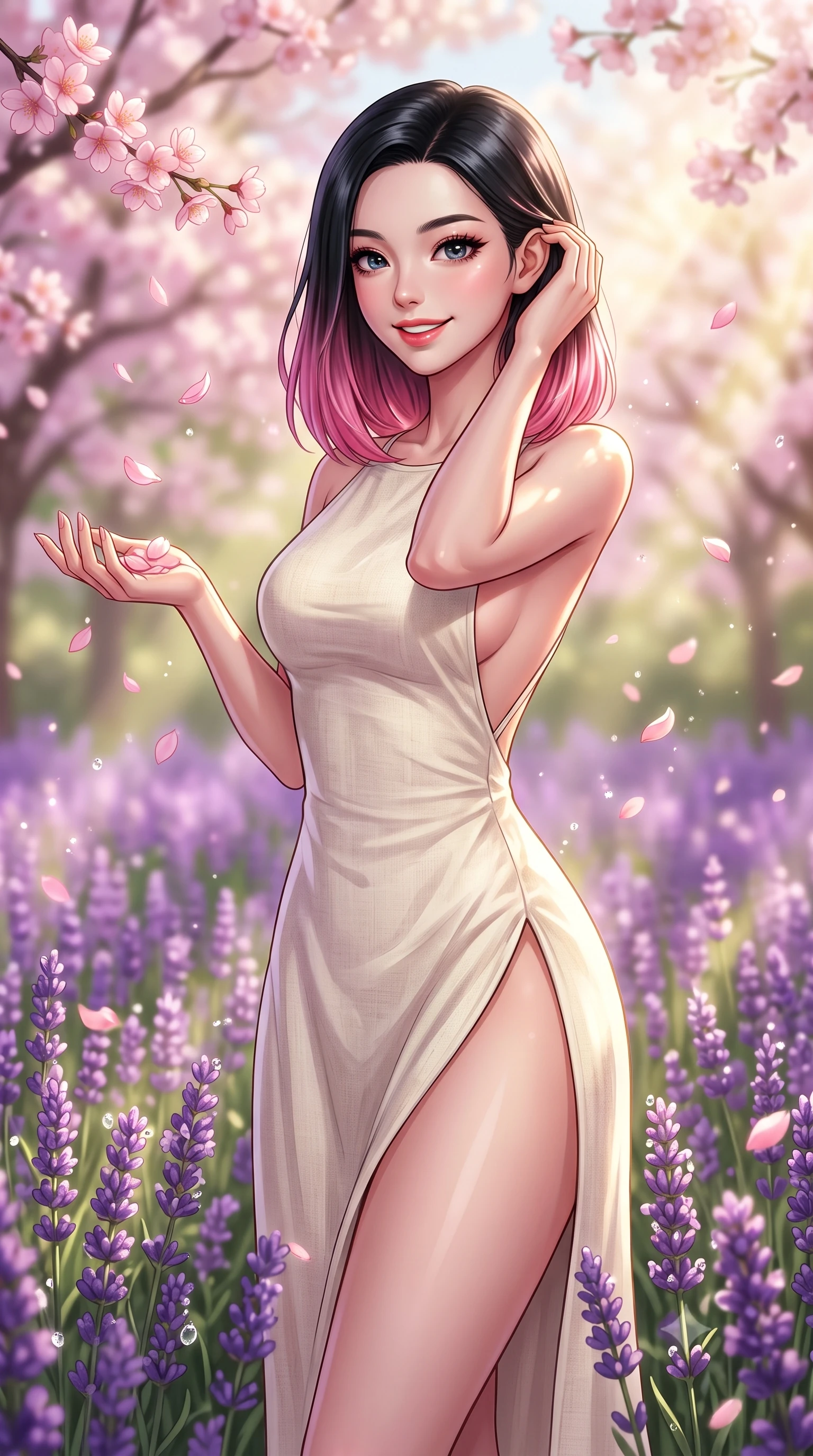 score_9, masterpiece, best quality, ultra-detailed, high-budget anime keyframe, editorial fashion photography, tasteful artistic composition, Korean woman. close-up cowboy shot from the waist and thighs up, the character dominates the composition, filling the frame with her large presence, background elements kept in soft focus. smiling cutely while gently brushing a strand of hair behind her ear set against a soft-focus background of surrounded by a beautiful purple meadow of blooming wild lavender catching falling pink cherry blossom petals with a delighted look. She has an exceptionally elegant, slender, and willowy female figure with an ultra-slim waist, a gracefully sculpted slender torso, and a refined silhouette. sharp v-shaped jawline, high-bridge nose, intricate jewel-like eyes with depth, thick eyelashes, glossy lips with a natural sheen. wearing form-contouring linen sundress with a daring high slit and a low-cut back design. warm morning sunbeams creating fresh dewdrop glints on the flower petals. highly saturated vibrant anime colors, detailed shading with soft gradients, rich glossy textures, high-contrast stereoscopic depth, volumetric dynamic lighting, master piece, 9:16 ratio