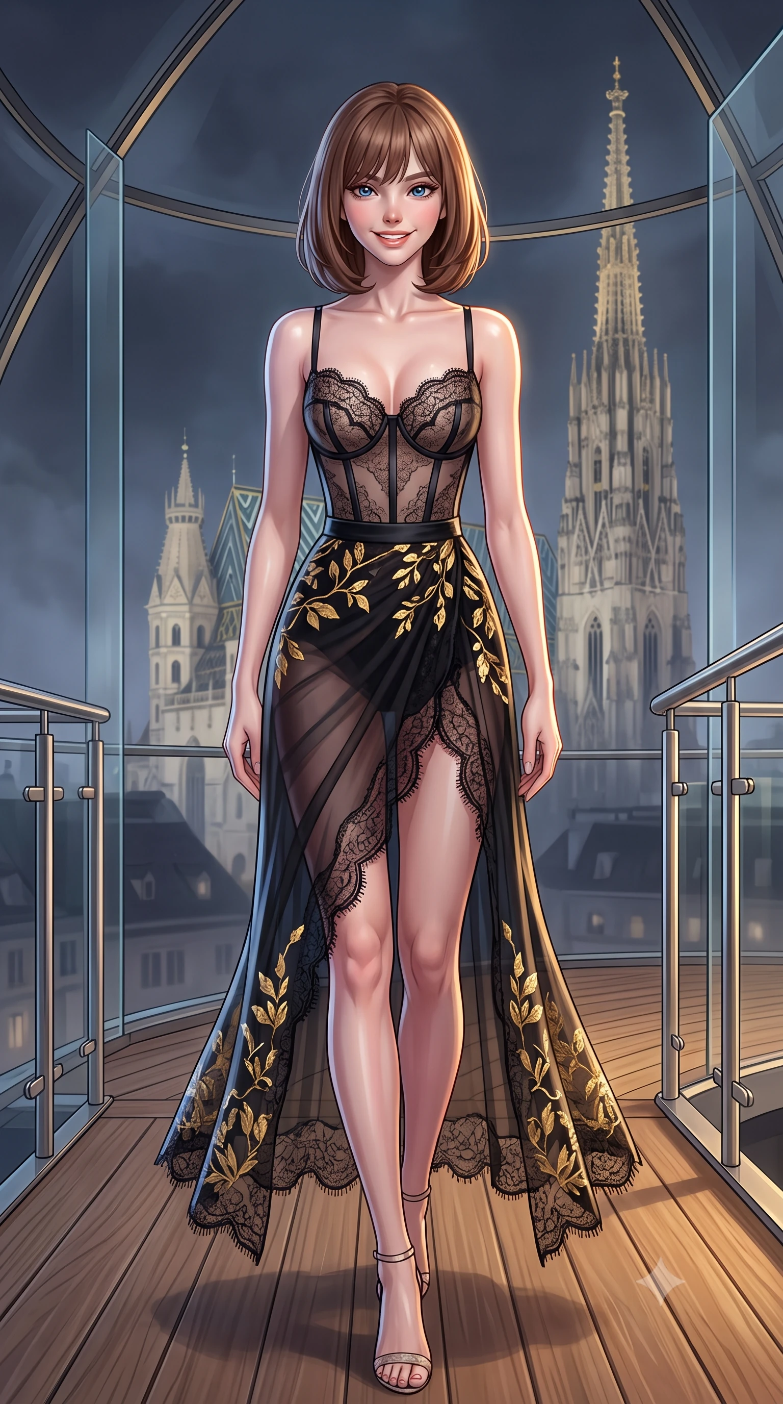 score_9, masterpiece, best quality, ultra-detailed, high-budget anime keyframe, semi-realistic 3D game render, editorial fashion photography, tasteful artistic composition, Caucasian woman. low angle full-body shot from head to toe showing her feet, filling the entire 9:16 vertical frame with her statuesque presence, stretching her vertical silhouette. stepping slowly toward the camera with hypnotic grace, hips swaying in an alluring sensual rhythm that accentuates her curvy hourglass silhouette and long slender legs while standing poised on the heated teak terrace beneath the panoramic glass dome, arching her lower back as the illuminated gothic spire of Stephansdom glows in midnight mist. The surrounding environment is rendered in vivid detail and crisp panoramic clarity: sharp frameless glass corner structural joints, natural teak decking grain, and stainless steel railing hardware in deep focus. She has an exceptionally tall and slender model-like 8.5-heads proportion, an ultra-slim waist, a flat toned midriff, narrow delicate ribcage, and beautifully sculpted feminine hips creating a graceful, slim hourglass silhouette without any bulky heaviness, with impossibly long slender legs. sharp v-shaped jawline, high-bridge nose, intricate jewel-like sparkling eyes with depth, thick eyelashes, glossy parted lips with a natural peach sheen, bright cheerful beaming smile with an enchanting and coquettish sensual glint, exuding both youthful cute charm and seductive allure, flawlessly proportioned anatomical accuracy, strict slender model proportions, natural body alignment, perfectly sculpted long slender limbs, ultra-slim waistline, clean dynamic posture without body distortion. wearing a provocative translucent mesh corset bodice with boned satin channels paired with a sheer chiffon wrap maxi skirt in Viennese golden secession noir and imperial 24k gold leaf, made of delicate semi-sheer French Chantilly lace with intricate eyelash edges, finished with scalloped eyelash lace trim framing her sweetheart neckline with intimate elegance, the second-skin tailored fabric adhering flawlessly to her sculpted flat midriff and slender torso, emphasizing her long leg lines and perfectly proportioned willowy build. illuminated by glass reflection bounce and sharp platinum-gold rim lights defining her dewy collarbones, ultra-slim waist, and curvy hips. highly saturated vibrant anime colors, detailed shading with soft gradients, rich glossy textures, high-contrast stereoscopic depth, volumetric dynamic lighting, master piece, 9:16 ratio