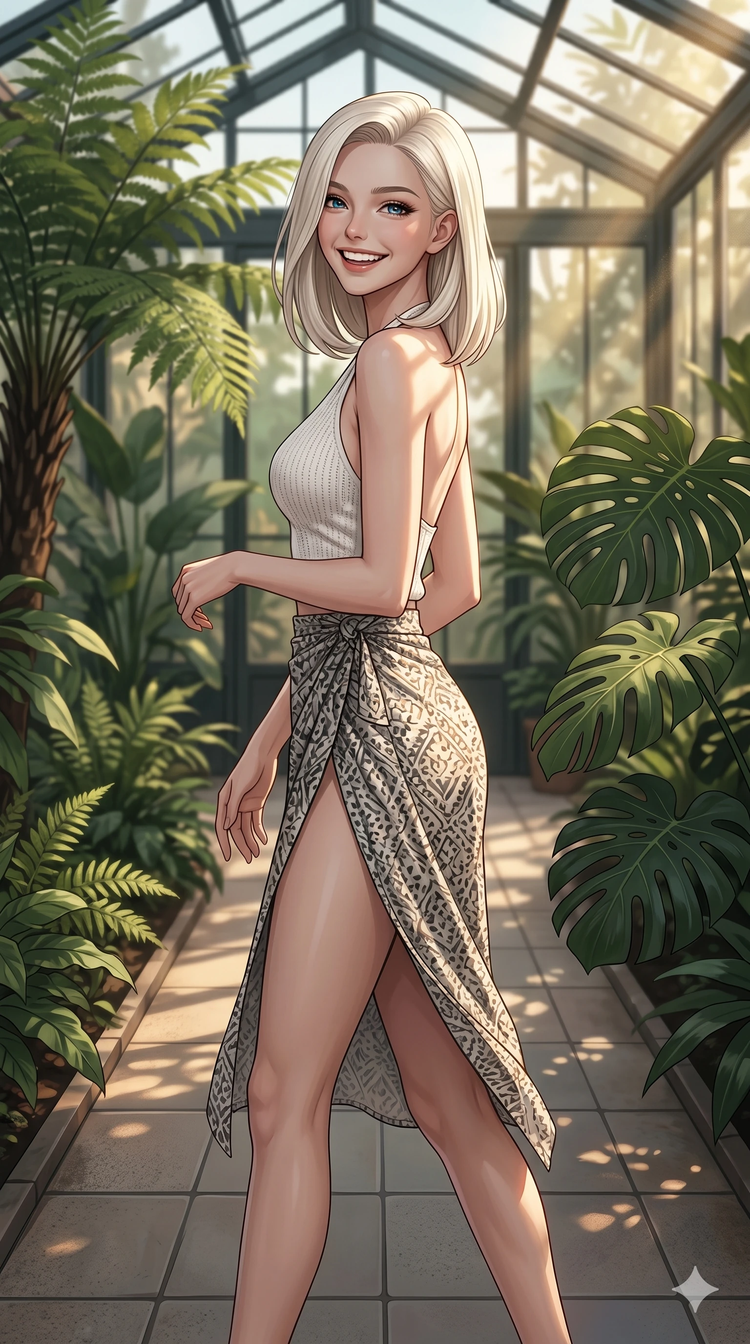 score_9, masterpiece, best quality, ultra-detailed, high-budget anime keyframe, editorial fashion photography, tasteful artistic composition, Caucasian woman, strictly human ears. cowboy shot from the thighs up, character and outfit filling the frame for maximum editorial presence. turning around with a bright, happy grin, her eyes sparkling with joy walking along a tiled pathway in a modern botanical hotel garden. She has an absolutely perfect 8-heads proportion, an exceptionally tall and slender female figure with impossibly long slender legs and an ultra-slim waist. V-shaped jawline, high-bridge nose, intricate jewel-like eyes with depth, thick eyelashes, glossy lips with a natural sheen. wearing a white knit halter top showing her elegant clavicle lines, and a high-slit wrap skirt. bathed in warm afternoon sunbeams filtering through the tropical plants. 2k, ultra detail, master piece, 9:16 ratio