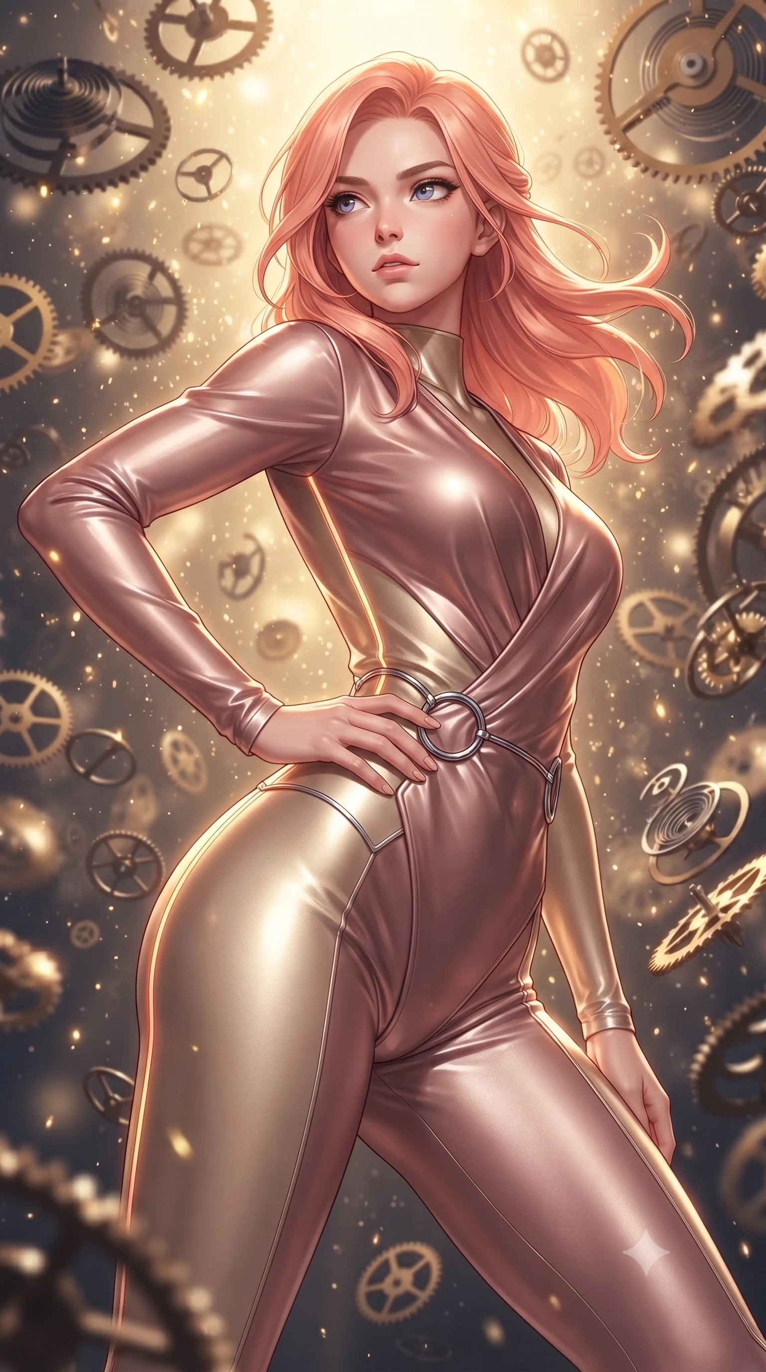 score_9, masterpiece, best quality, ultra-detailed, high-budget anime keyframe, editorial fashion photography, tasteful artistic composition, Japanese woman. close-up cowboy shot from the waist and thighs up, the character dominates the composition, filling the frame with her large presence, background elements kept in soft focus. Holding a powerful dynamic pose with one hand on her hip and body angled dramatically toward the key light while forging forward through a blizzard of floating analog clockwork parts in mid-air, starlight particles falling like a golden shower around her dynamic silhouette. She has an exceptionally elegant, slender, and willowy female figure with an ultra-slim waist, a gracefully sculpted slender torso, and a refined silhouette. sharp v-shaped jawline, high-bridge nose, intricate jewel-like eyes with depth, thick eyelashes, glossy lips with a natural sheen, flawlessly proportioned anatomical accuracy, natural body alignment, perfectly sculpted elegant limbs, clean dynamic posture without body distortion. wearing a skin-tight cybernetic bodysuit with glowing neon seams and side cutouts in dusty rose and champagne gold, crafted from lustrous satin jersey with fluid draping, accented with delicate chrome ring hardware framing her waist, the glove-like fit emphasizing her statuesque silhouette during motion. bathed in brilliant starlight and warm golden inner glow from the clockwork citadel. ultra-reflective glossy finish, specular highlights, metallic sheen, high-contrast stereoscopic depth, volumetric dynamic lighting, 2k, ultra detail, master piece, 9:16 ratio